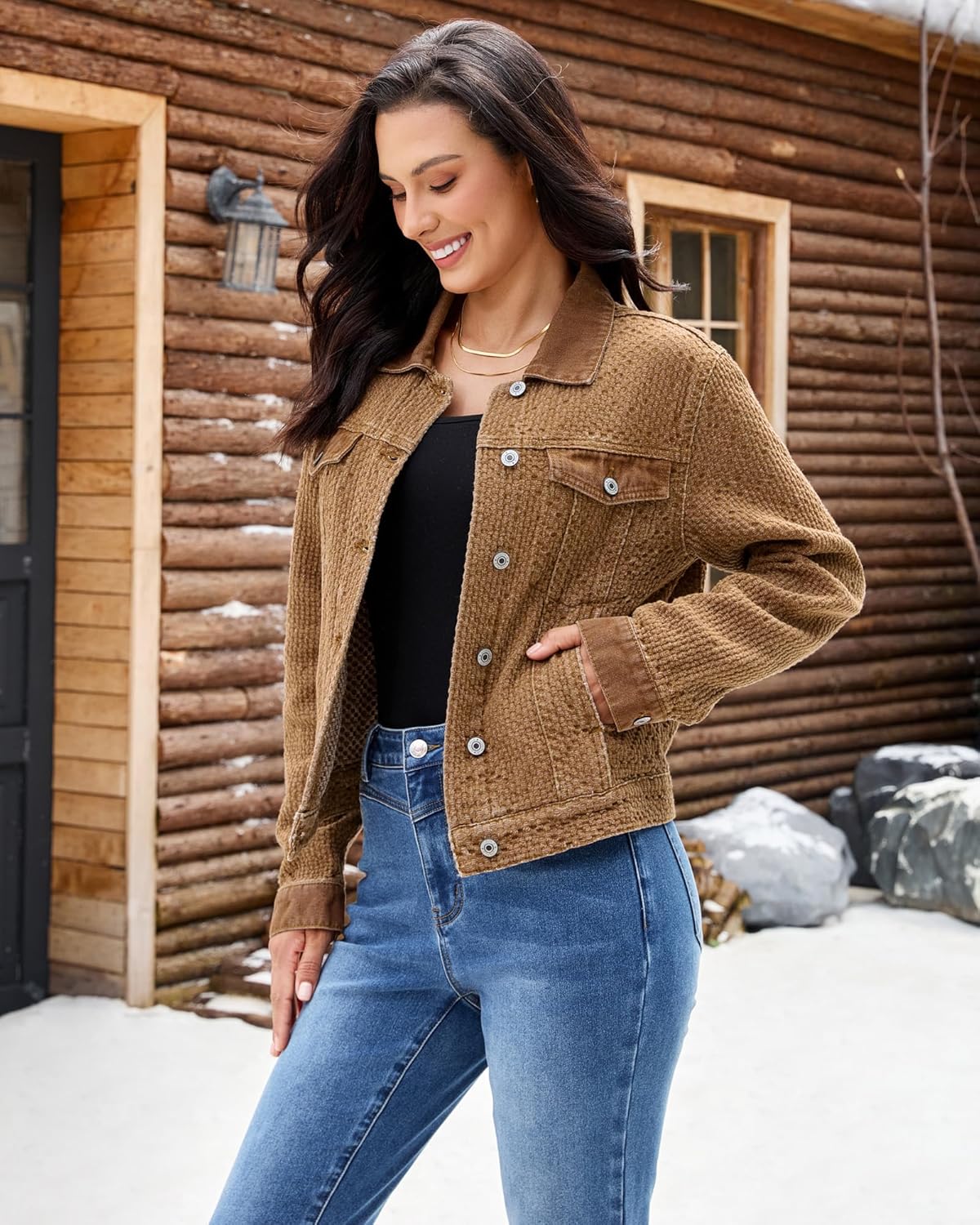 luvamia Jean Jacket Women Trendy Texture Distressed Button Down Long Sleeves Casual Trucker Denim Jackets with Pockets