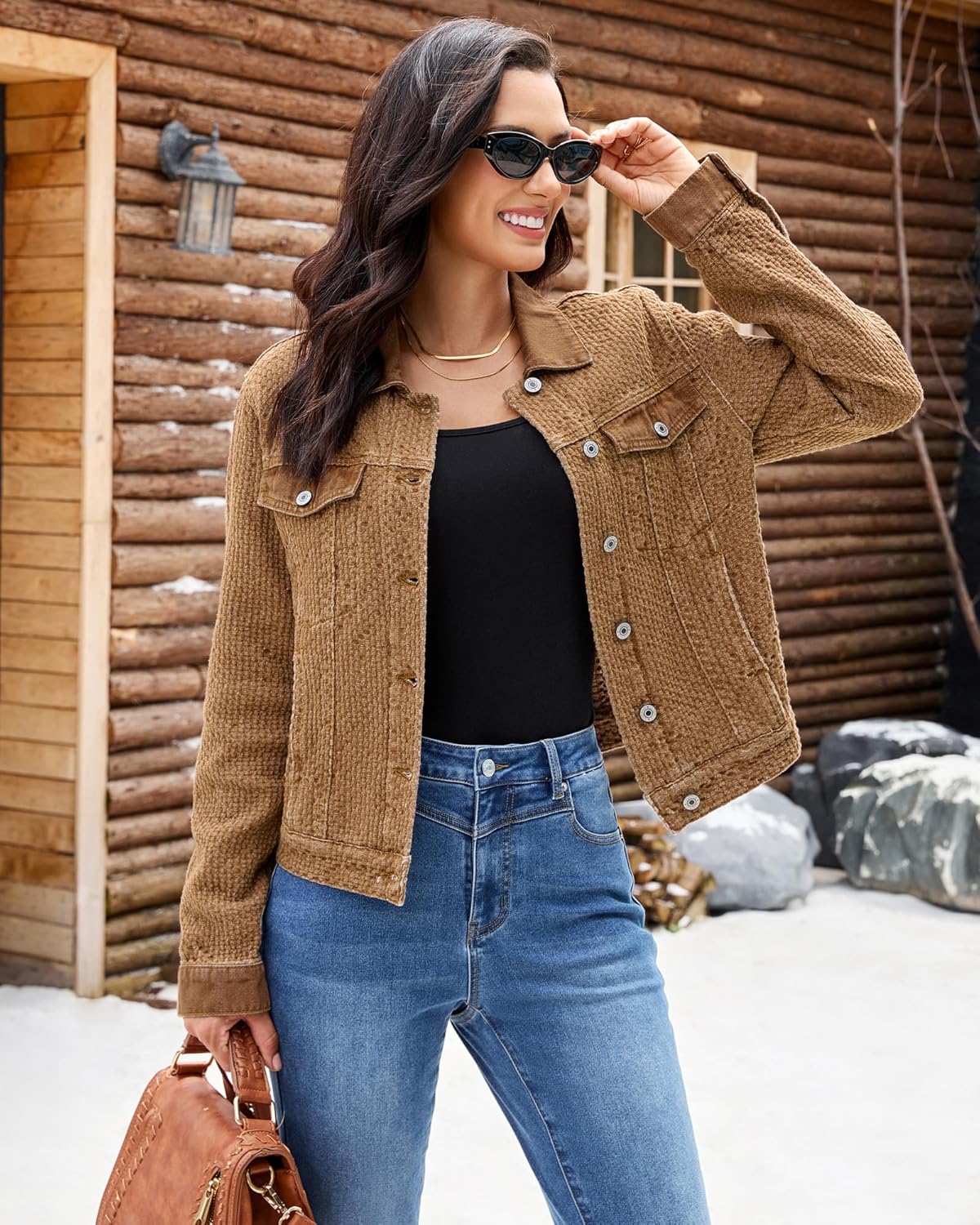 luvamia Jean Jacket Women Trendy Texture Distressed Button Down Long Sleeves Casual Trucker Denim Jackets with Pockets