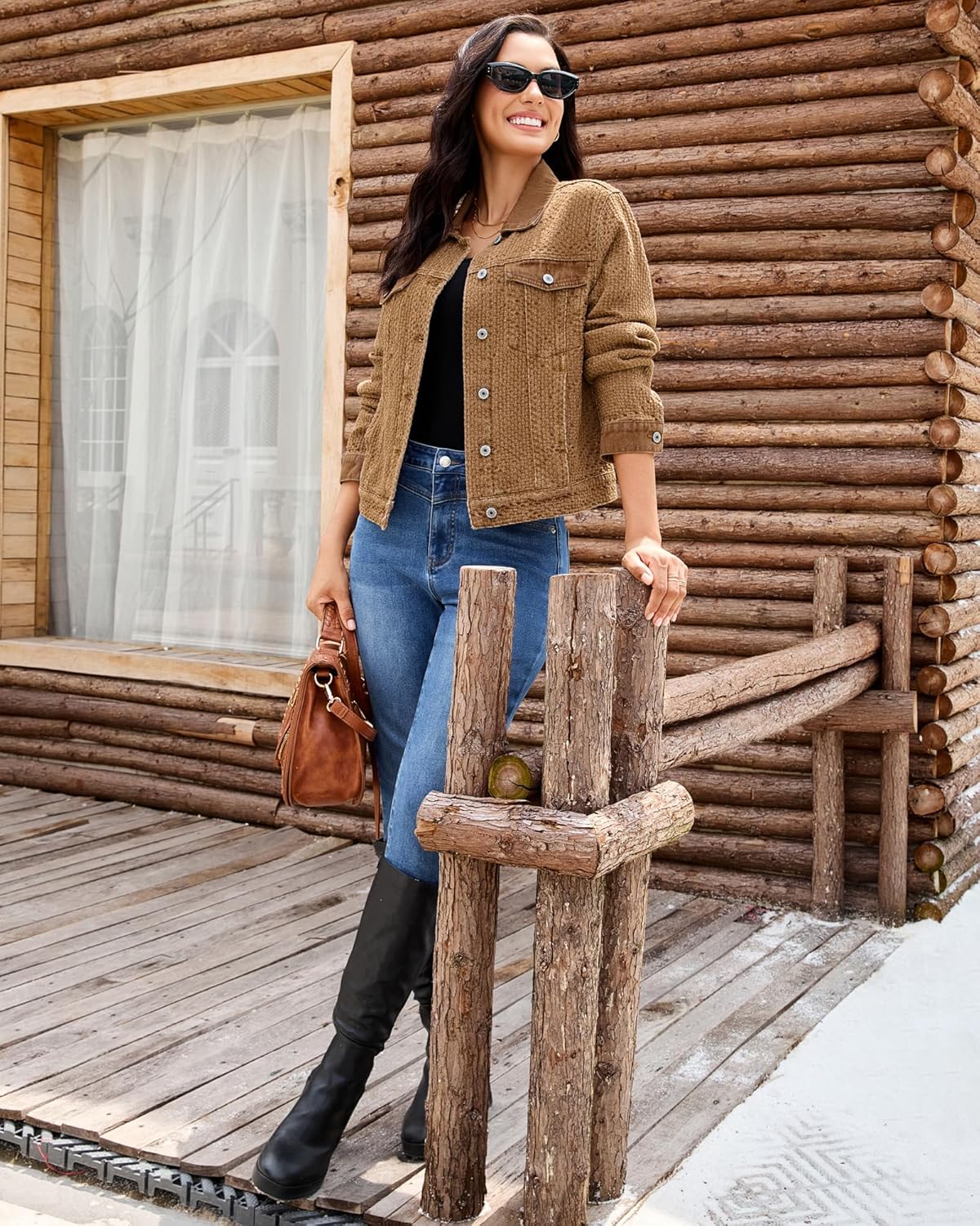 luvamia Jean Jacket Women Trendy Texture Distressed Button Down Long Sleeves Casual Trucker Denim Jackets with Pockets