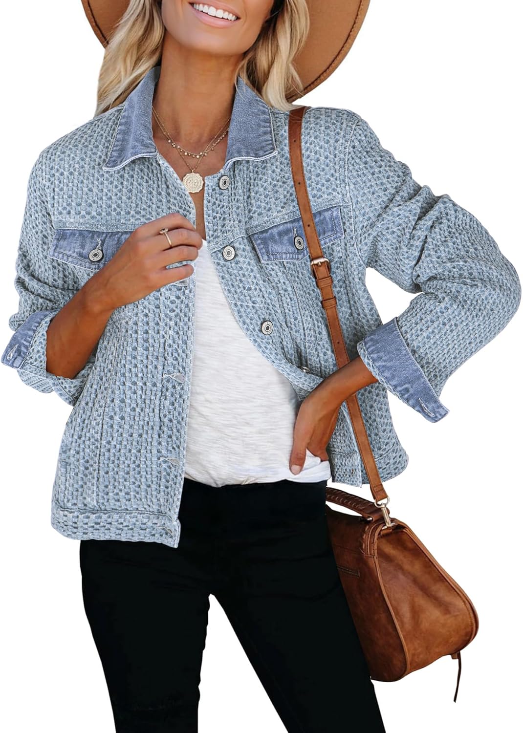 luvamia Jean Jacket Women Trendy Texture Distressed Button Down Long Sleeves Casual Trucker Denim Jackets with Pockets