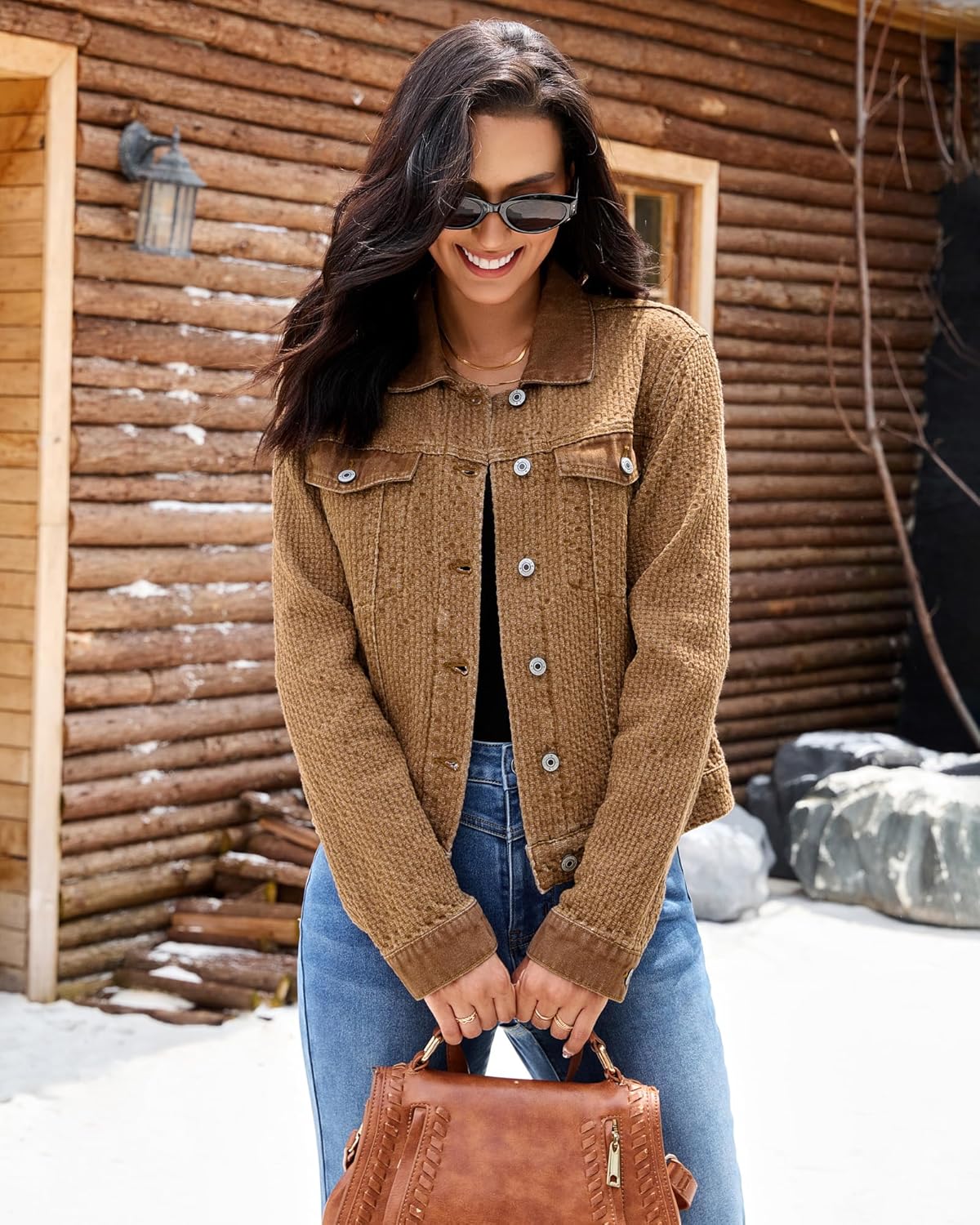 luvamia Jean Jacket Women Trendy Texture Distressed Button Down Long Sleeves Casual Trucker Denim Jackets with Pockets