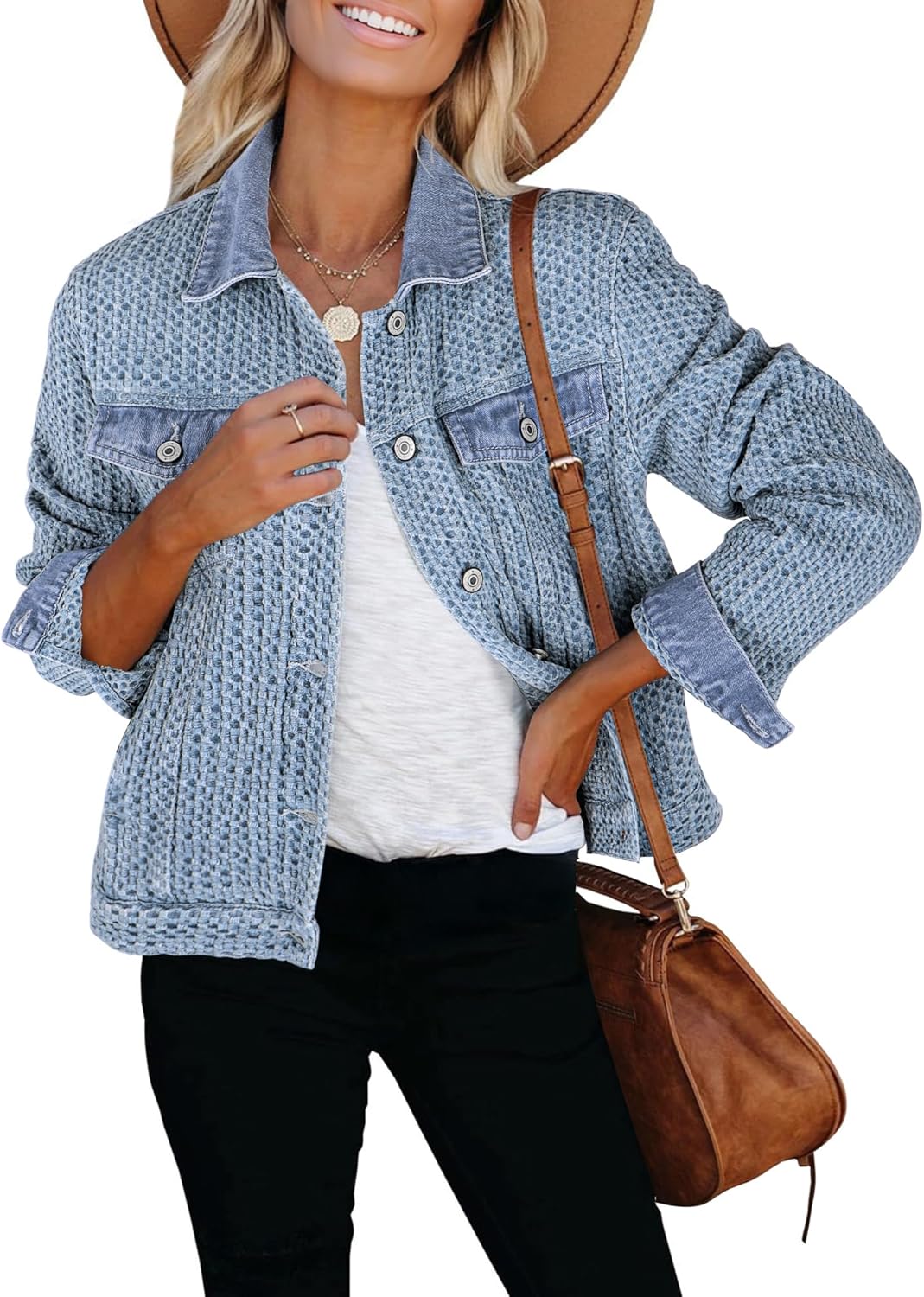 luvamia Jean Jacket Women Trendy Texture Distressed Button Down Long Sleeves Casual Trucker Denim Jackets with Pockets