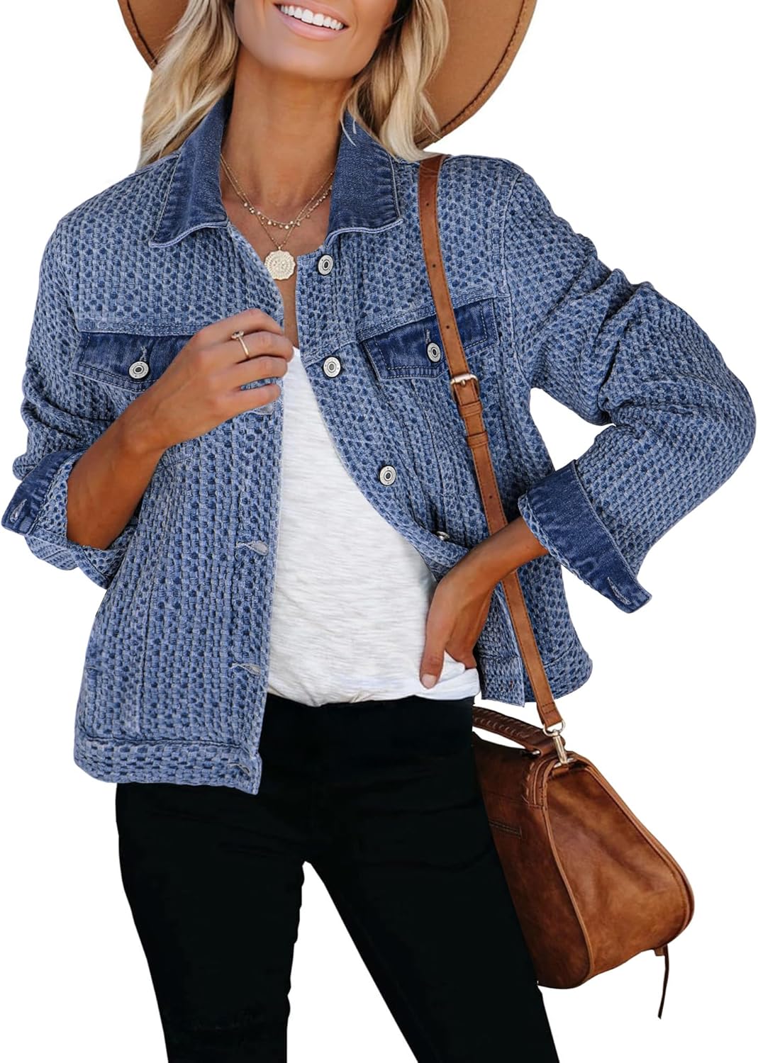 luvamia Jean Jacket Women Trendy Texture Distressed Button Down Long Sleeves Casual Trucker Denim Jackets with Pockets