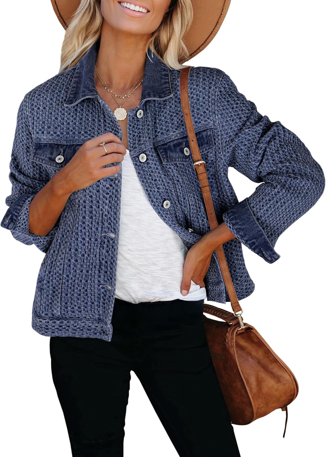 luvamia Jean Jacket Women Trendy Texture Distressed Button Down Long Sleeves Casual Trucker Denim Jackets with Pockets