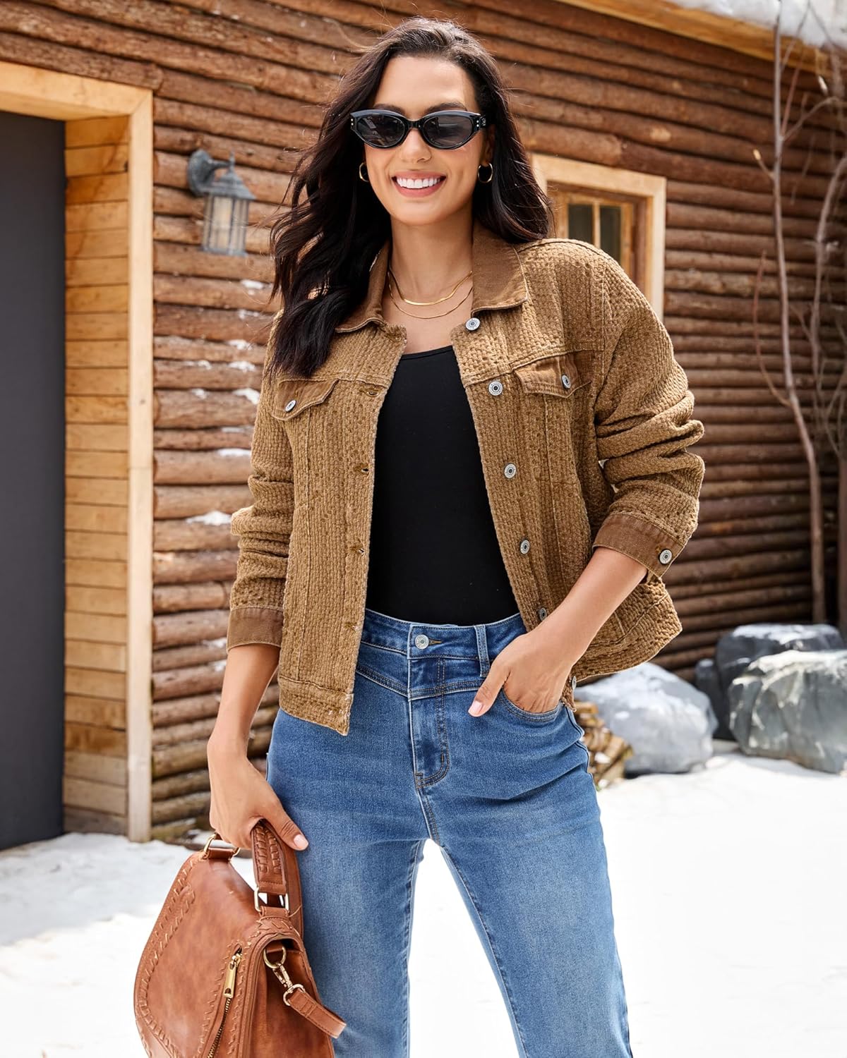 luvamia Jean Jacket Women Trendy Texture Distressed Button Down Long Sleeves Casual Trucker Denim Jackets with Pockets