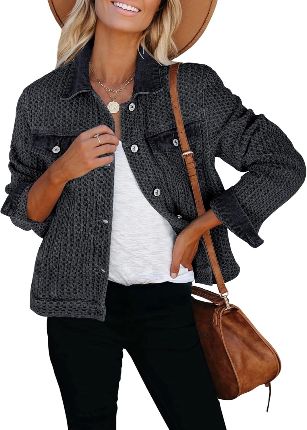 luvamia Jean Jacket Women Trendy Texture Distressed Button Down Long Sleeves Casual Trucker Denim Jackets with Pockets