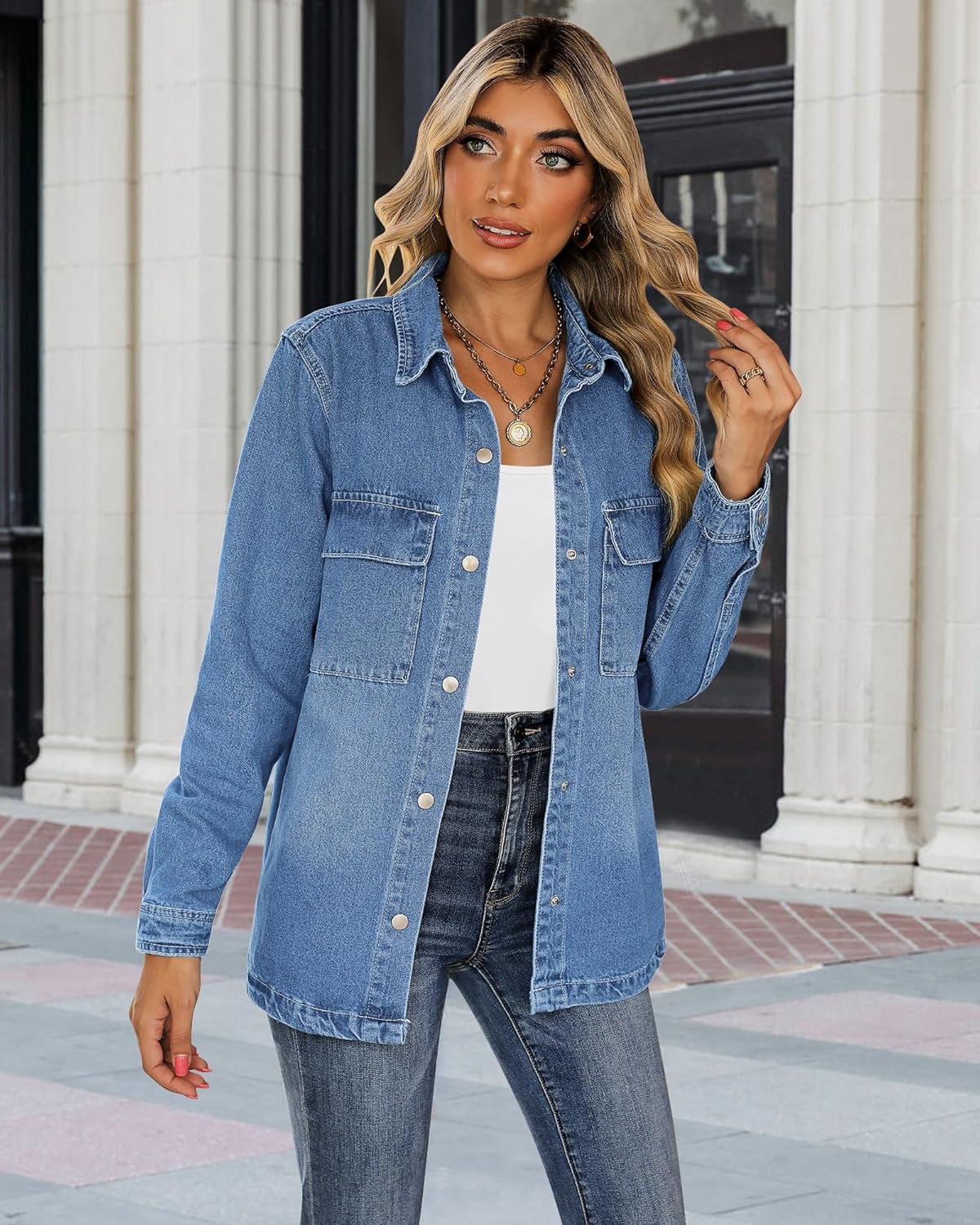 luvamia Jean Jackets for Women 2025 Fall Fashion Oversized Button Down Denim Jacket Western Shacket Jacket with Pockets