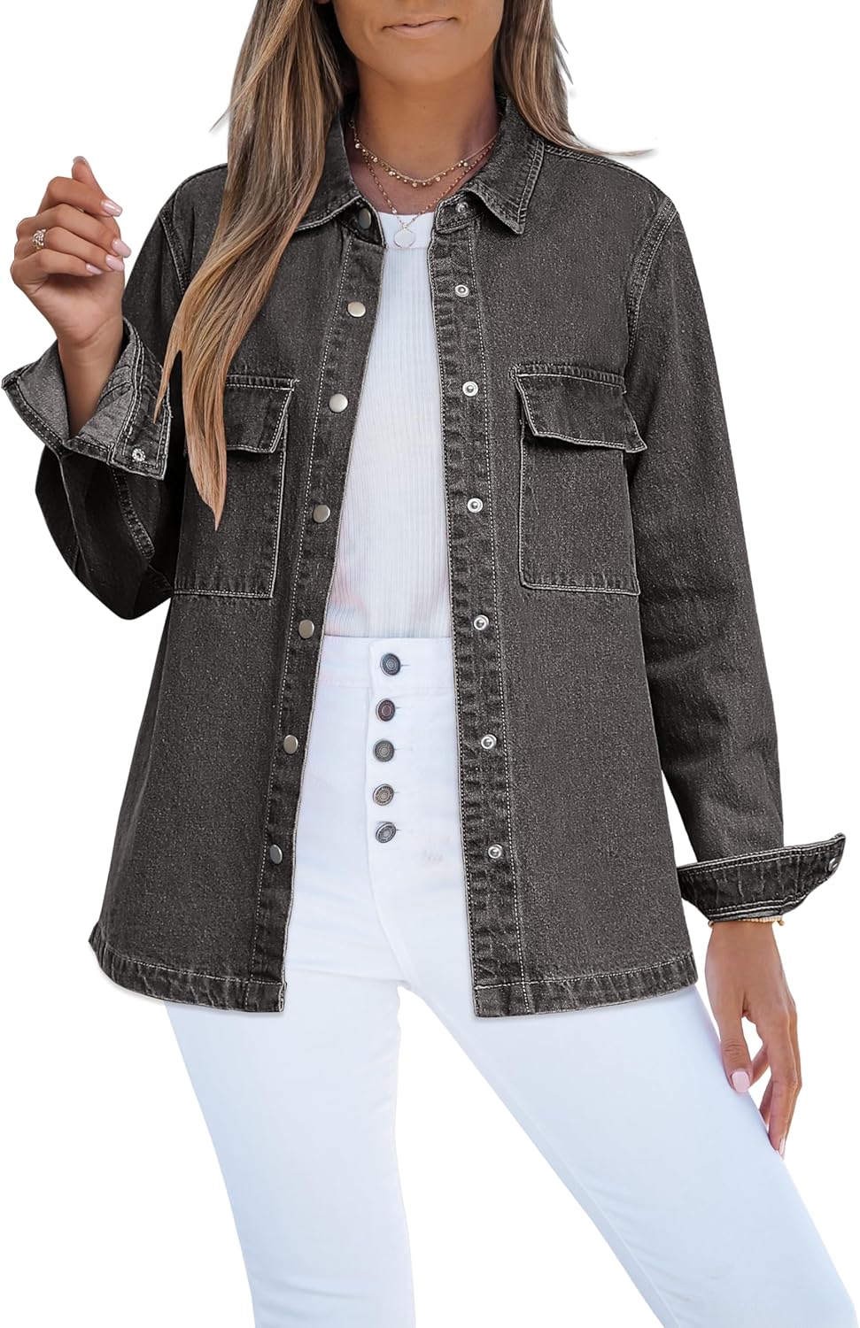 luvamia Jean Jackets for Women 2025 Fall Fashion Oversized Button Down Denim Jacket Western Shacket Jacket with Pockets