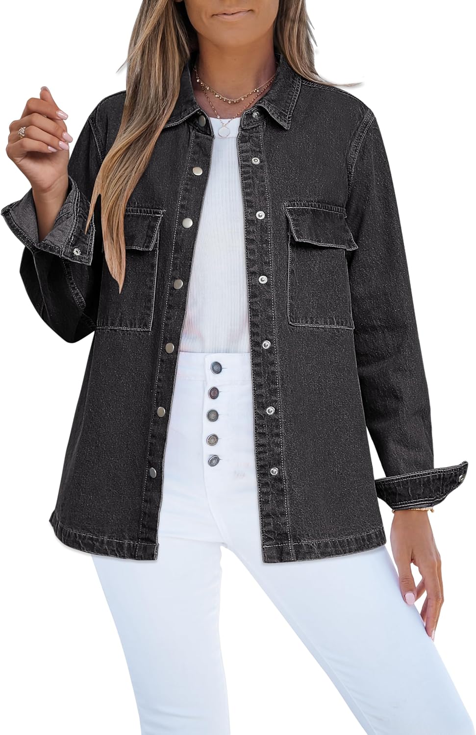 luvamia Jean Jackets for Women 2025 Fall Fashion Oversized Button Down Denim Jacket Western Shacket Jacket with Pockets