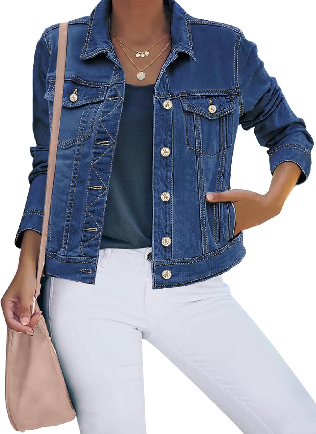 luvamia Women’s Basic Button Down Stretch Fitted Long Sleeves Denim Jean Jacket