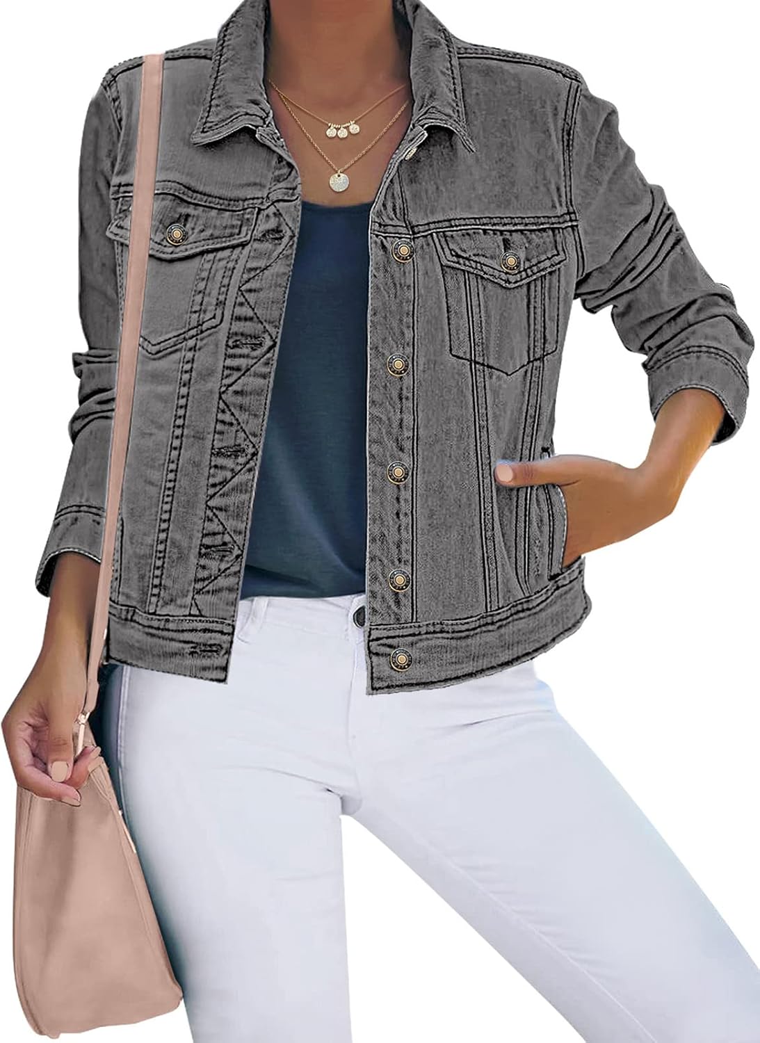 luvamia Women’s Basic Button Down Stretch Fitted Long Sleeves Denim Jean Jacket