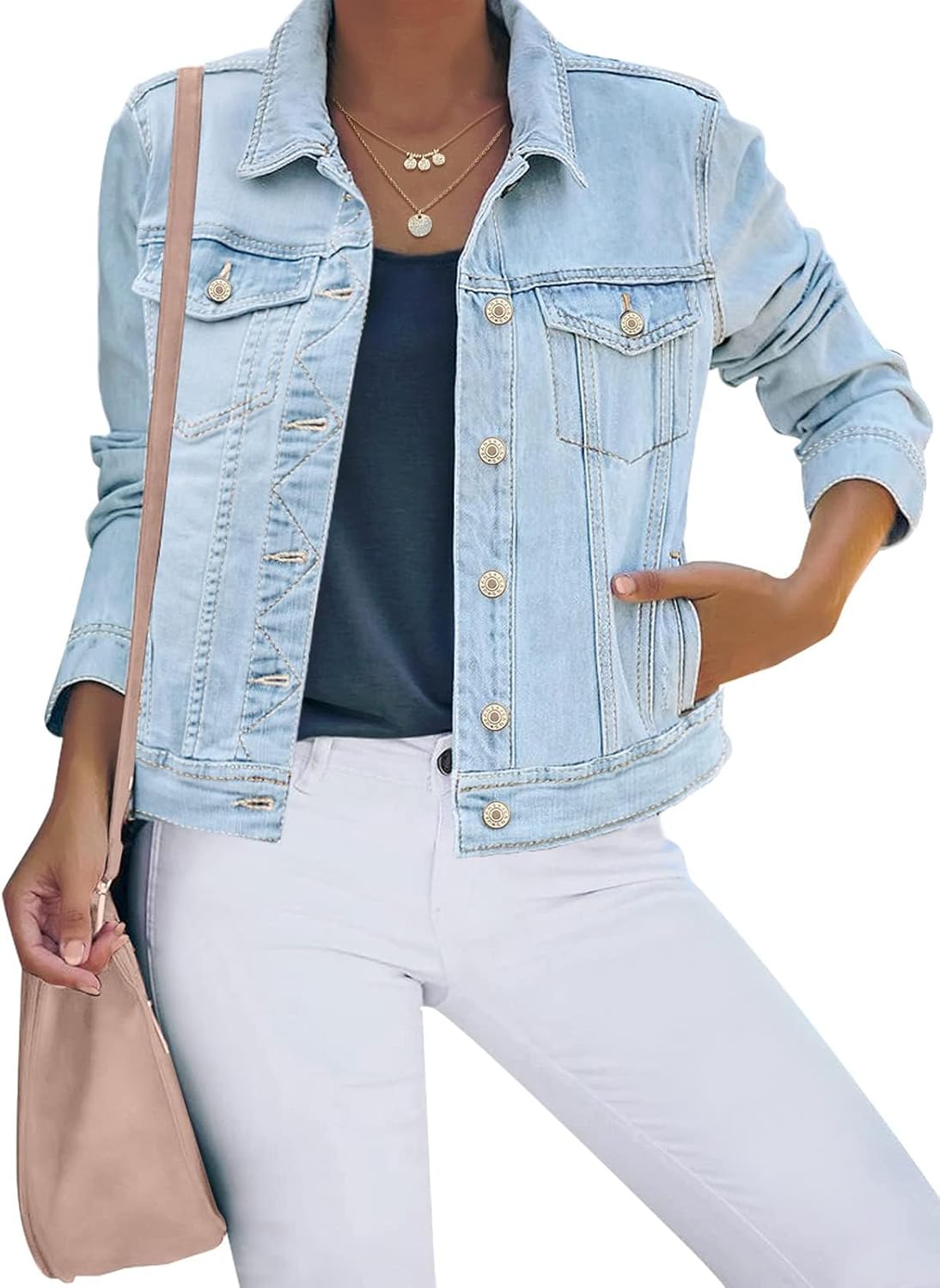 luvamia Women’s Basic Button Down Stretch Fitted Long Sleeves Denim Jean Jacket