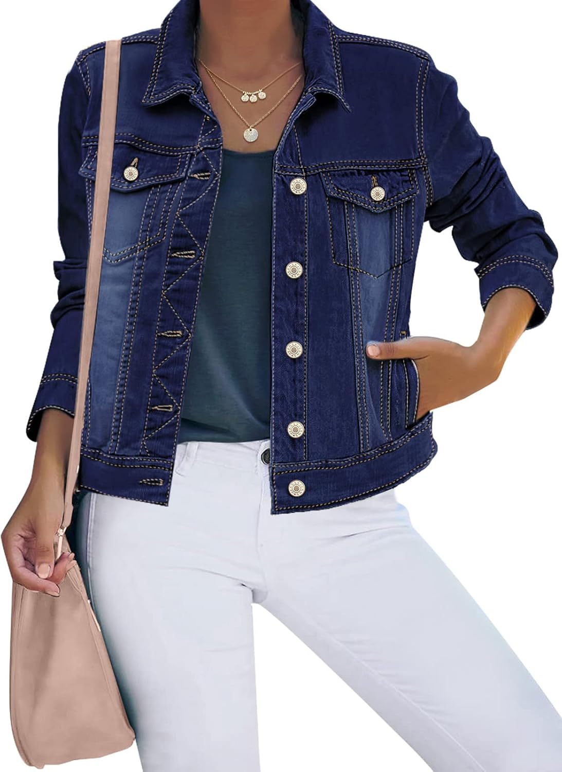 luvamia Women’s Basic Button Down Stretch Fitted Long Sleeves Denim Jean Jacket