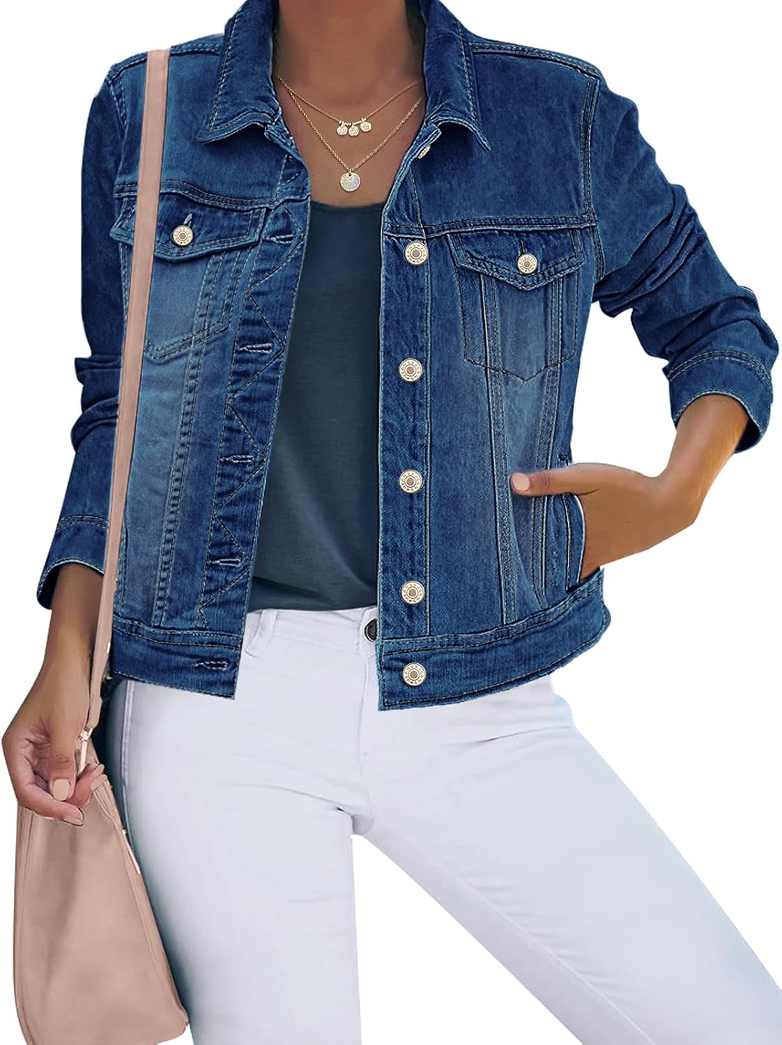 luvamia Women’s Basic Button Down Stretch Fitted Long Sleeves Denim Jean Jacket