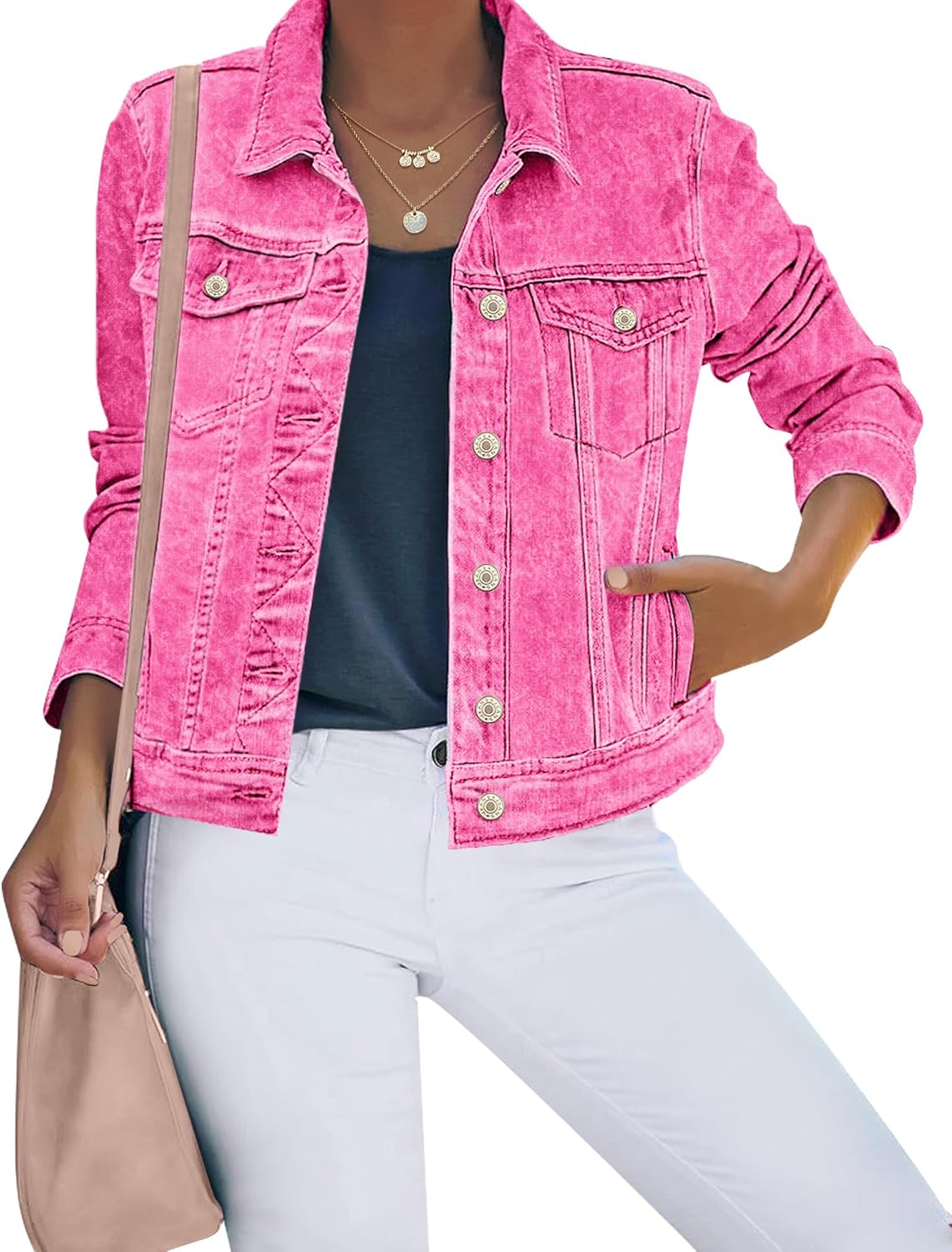 luvamia Women’s Basic Button Down Stretch Fitted Long Sleeves Denim Jean Jacket