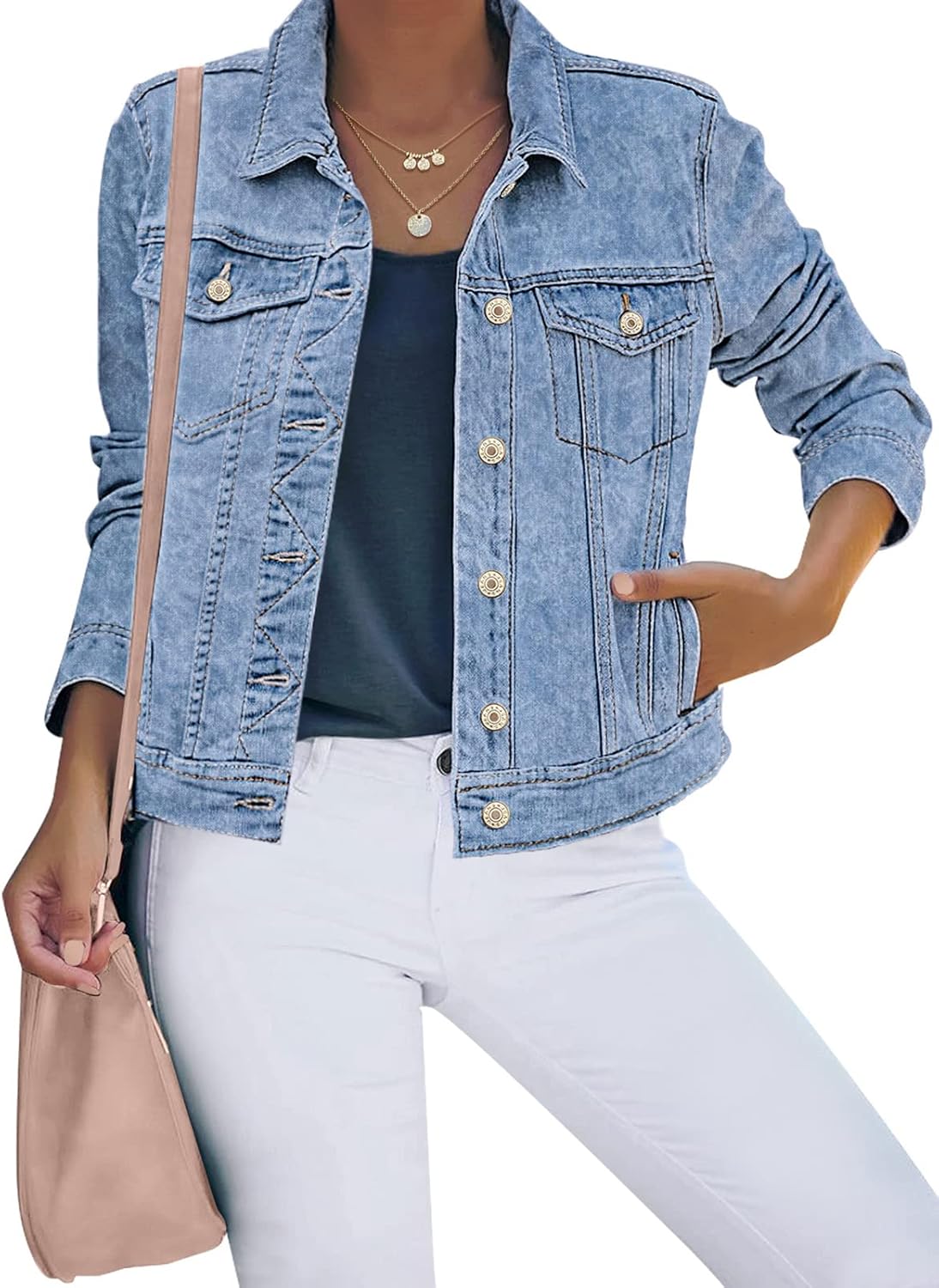 luvamia Women’s Basic Button Down Stretch Fitted Long Sleeves Denim Jean Jacket