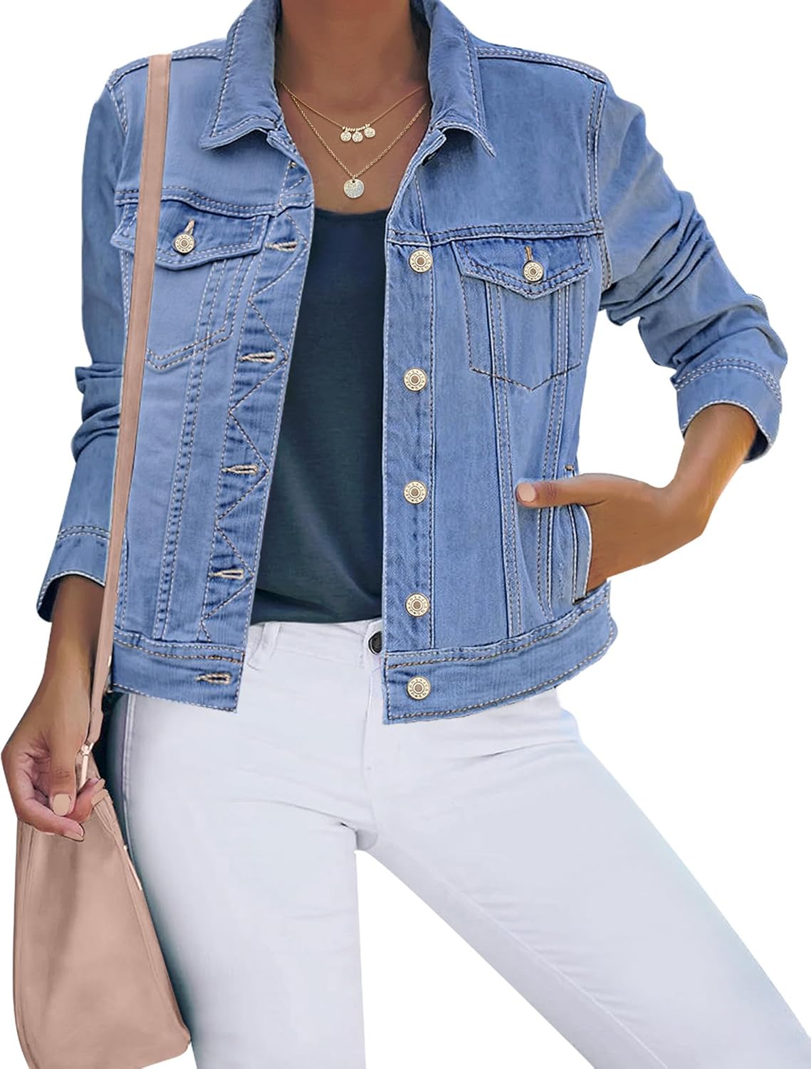 luvamia Women’s Basic Button Down Stretch Fitted Long Sleeves Denim Jean Jacket