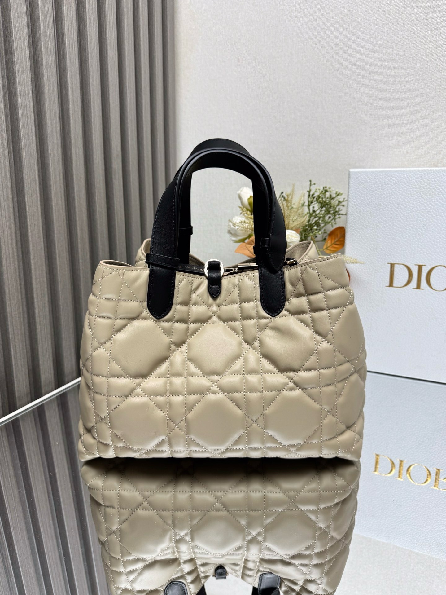 Medium Dior Toujours Bag Rope Beige and Black Macrocannage Calfskin | DIOR