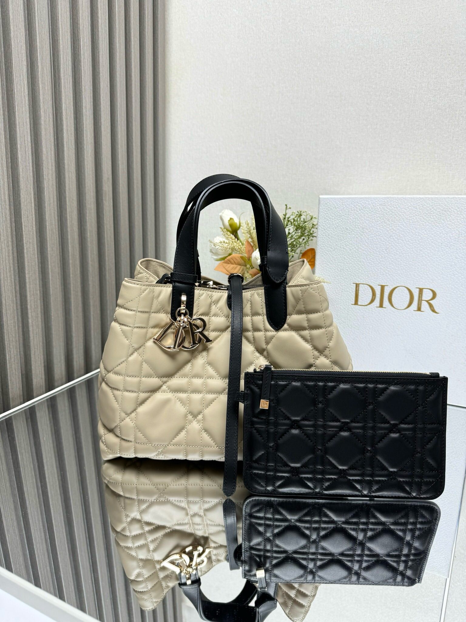Medium Dior Toujours Bag Rope Beige and Black Macrocannage Calfskin | DIOR