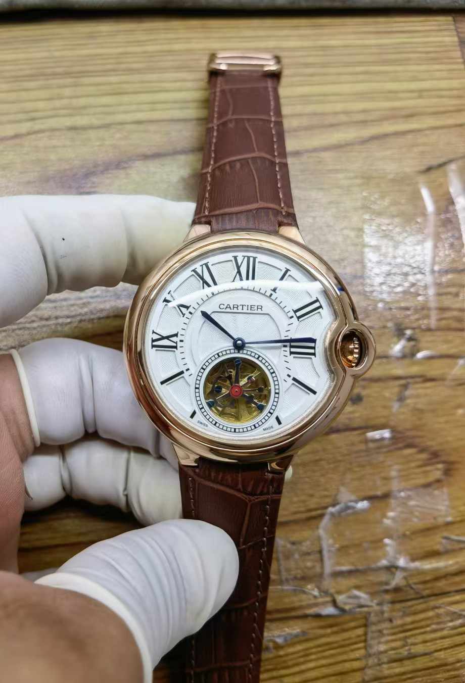 Men's Automatic Tourbillon Watch - Stainless Steel, Calfskin Band, Hardlex Crystal brown wire