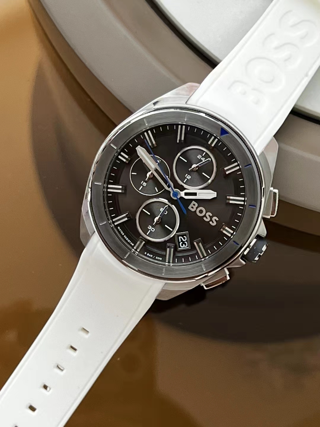 Hugo Boss Gray Watch - Hugo Boss Gray Dial White Rubber - Chronograph - Image 4