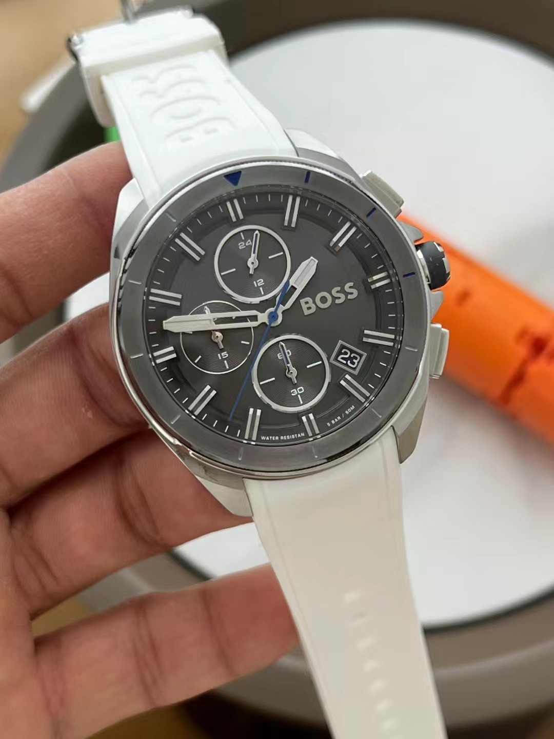 Hugo Boss Gray Watch - Hugo Boss Gray Dial White Rubber - Chronograph - Image 3