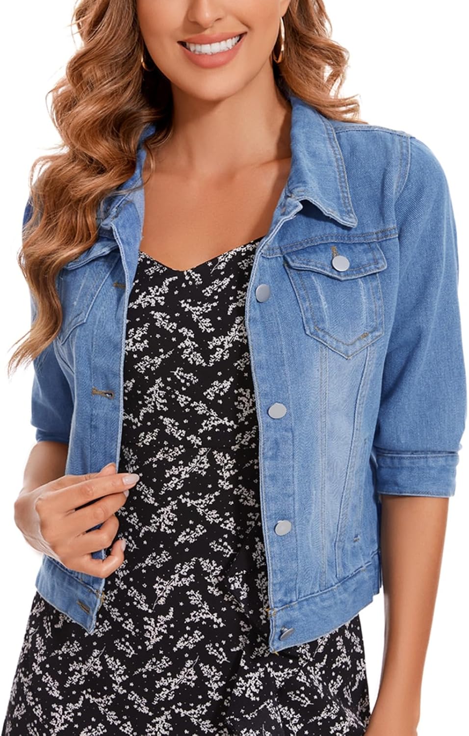 MINTLIMIT Women’s Cropped Denim Jacket 2025 Lapel Jean Coat Button Trendy 3\/4 Sleeve Stretch Short Plus Size Denim Jacket