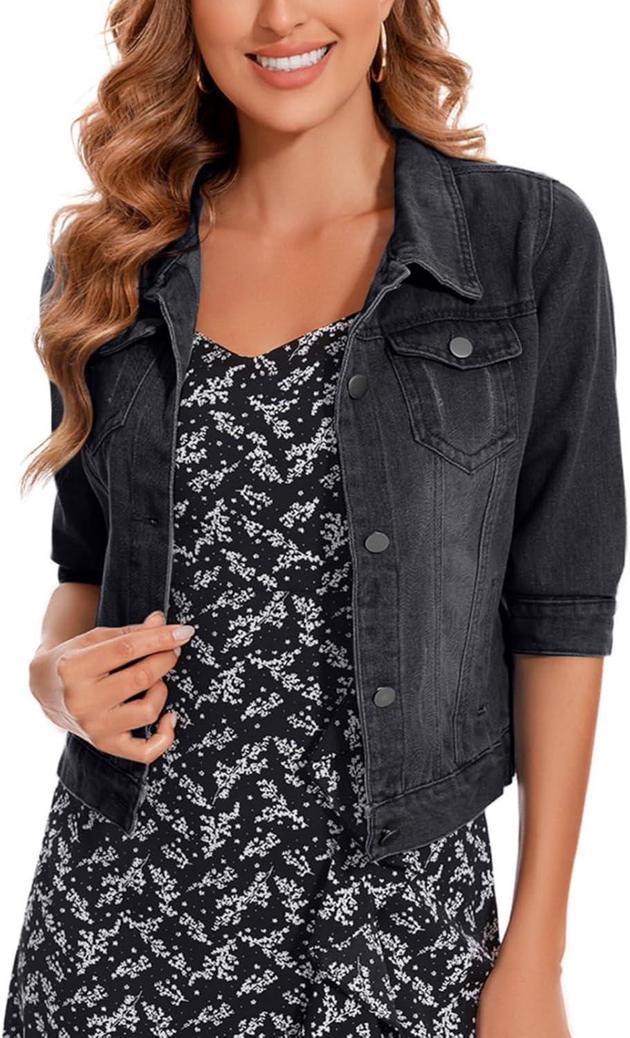 MINTLIMIT Women’s Cropped Denim Jacket 2025 Lapel Jean Coat Button Trendy 3\/4 Sleeve Stretch Short Plus Size Denim Jacket