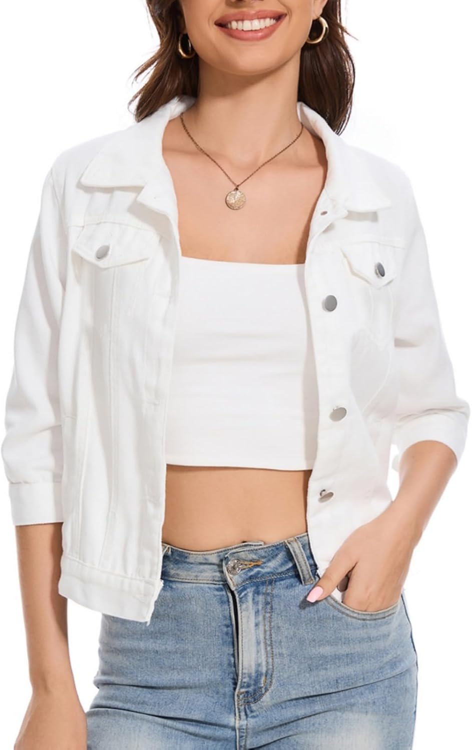 MINTLIMIT Women’s Cropped Denim Jacket 2025 Lapel Jean Coat Button Trendy 3\/4 Sleeve Stretch Short Plus Size Denim Jacket