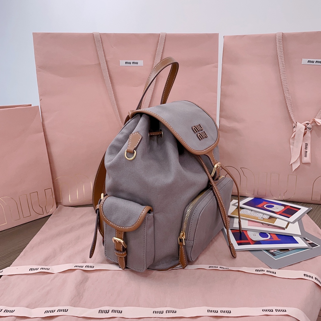 Miu Miu Aluminum/brandy Canvas And Leather Backpack | Miu Miu