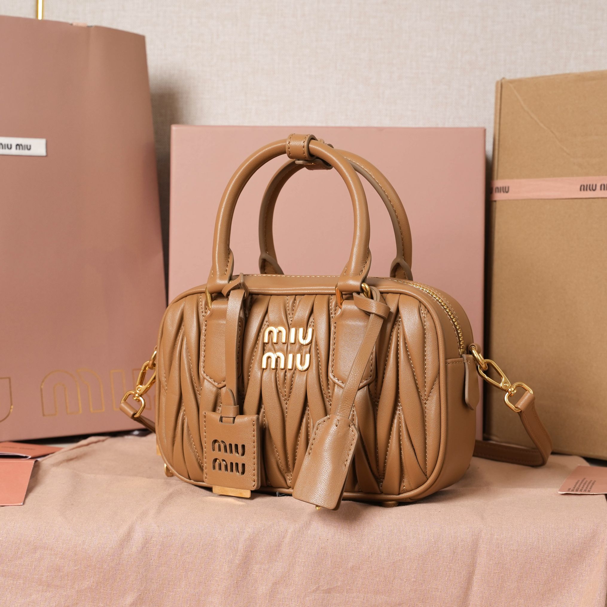 Miu Miu Arcadie Matelassé Nappa Leather Bag | Brown Miu Miu 00469