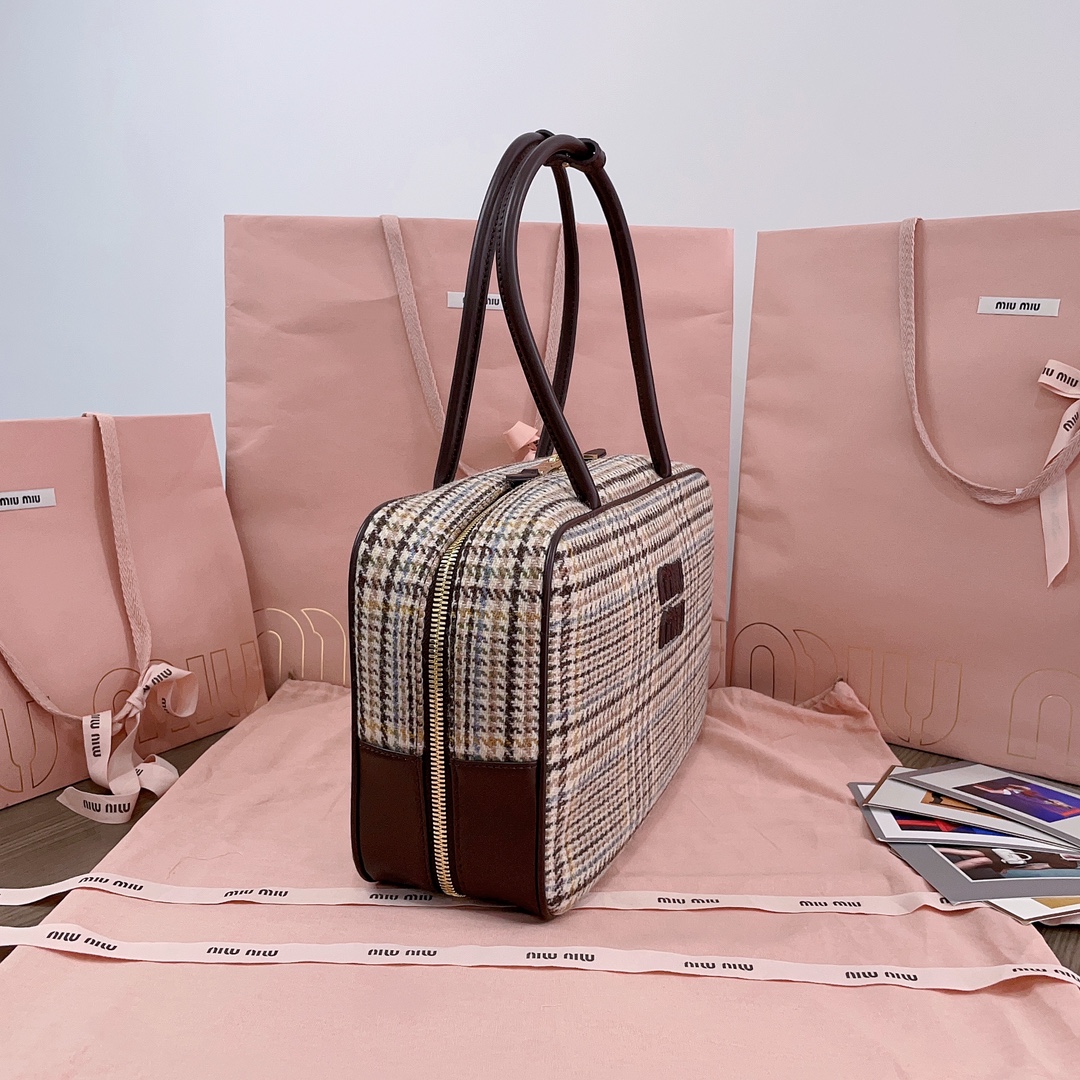 Miu Miu Beau tartan top-handle bag with leather details