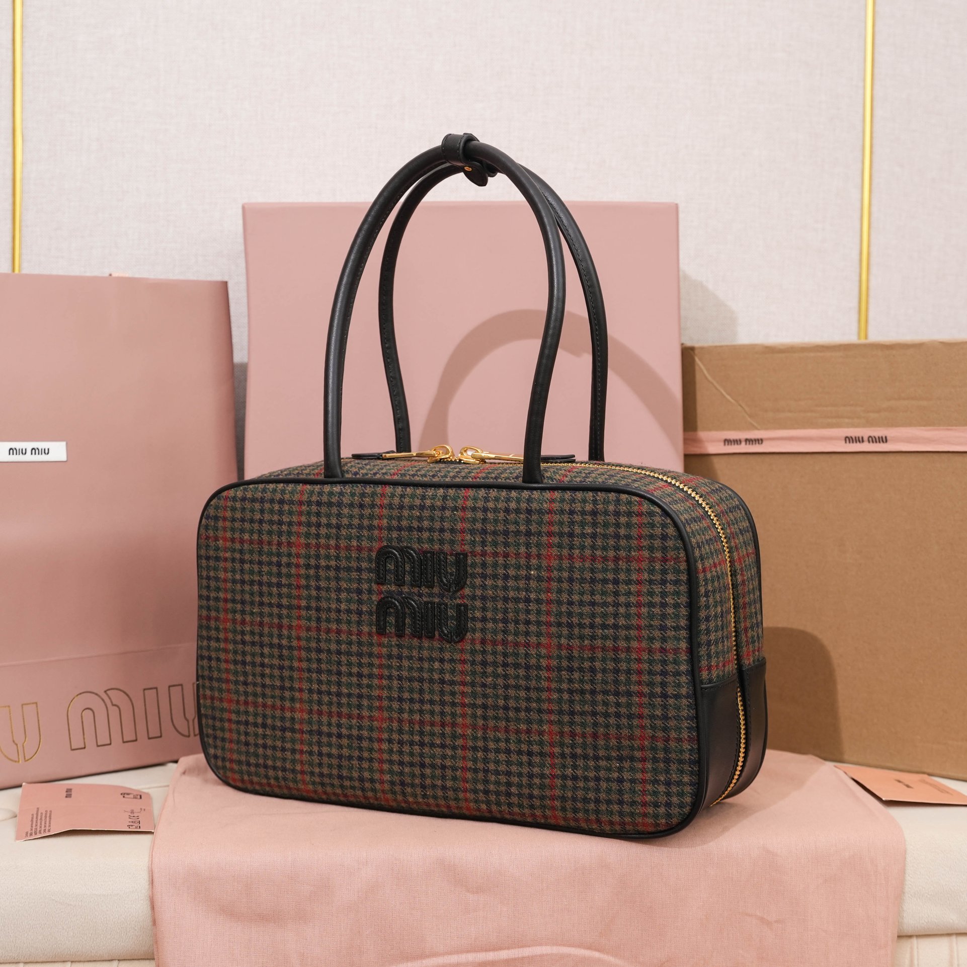 Miu Miu Beau tartan top-handle bag with leather details |