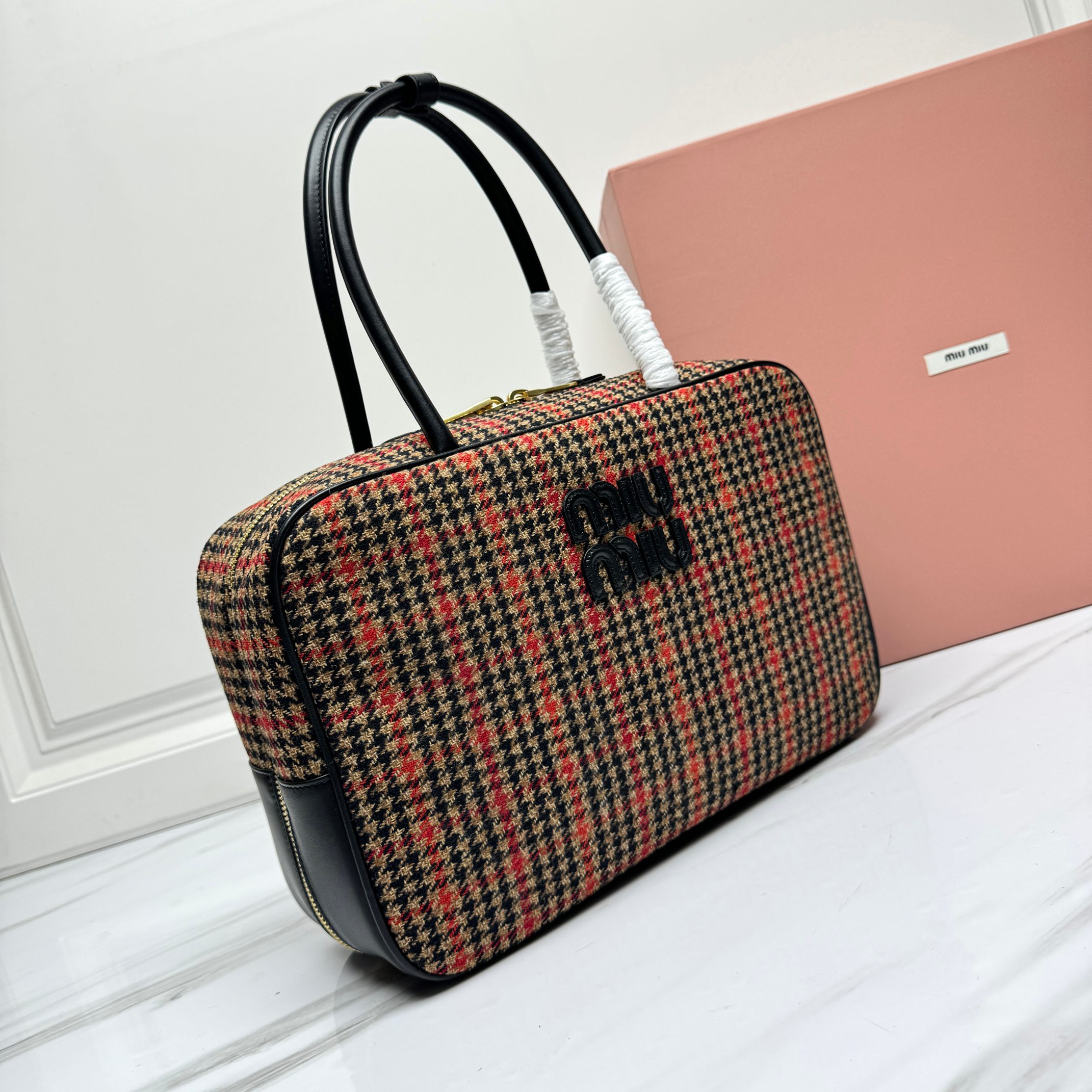 Miu Miu Beau tartan Top-Handle bag with leather details Ruggine