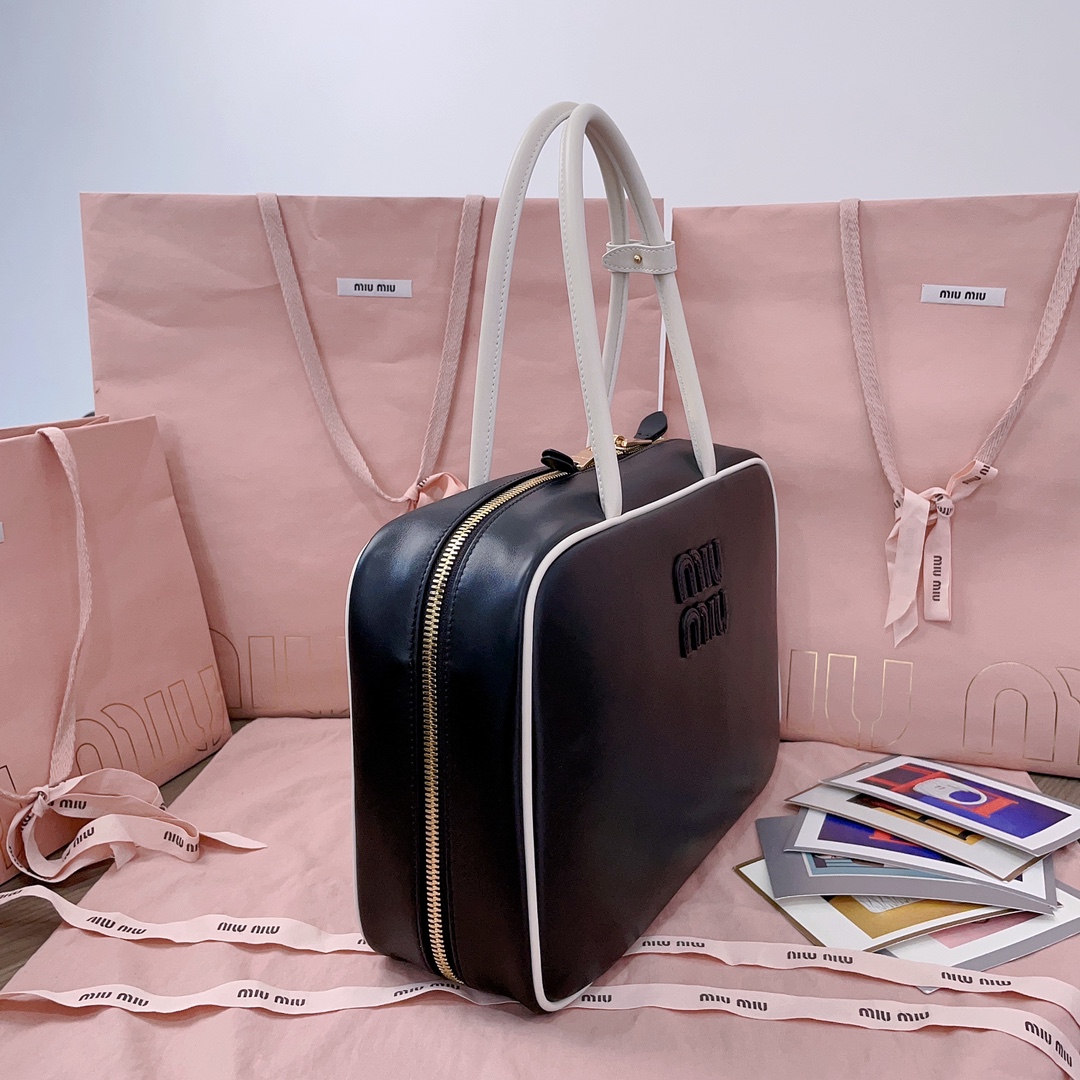 Miu Miu Beau Tote Bag Black Leather Gold-Tone Hardware –