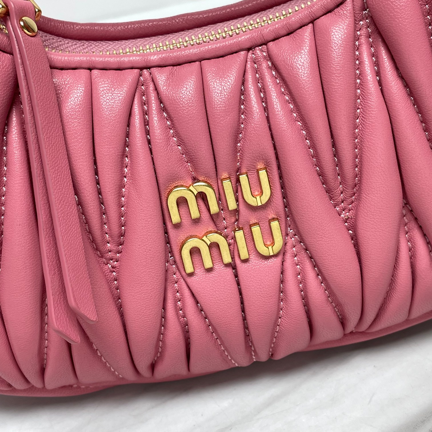 Miu Miu Begonia Pink Wander Matelassé Nappa Leather Micro Hobo Bag
