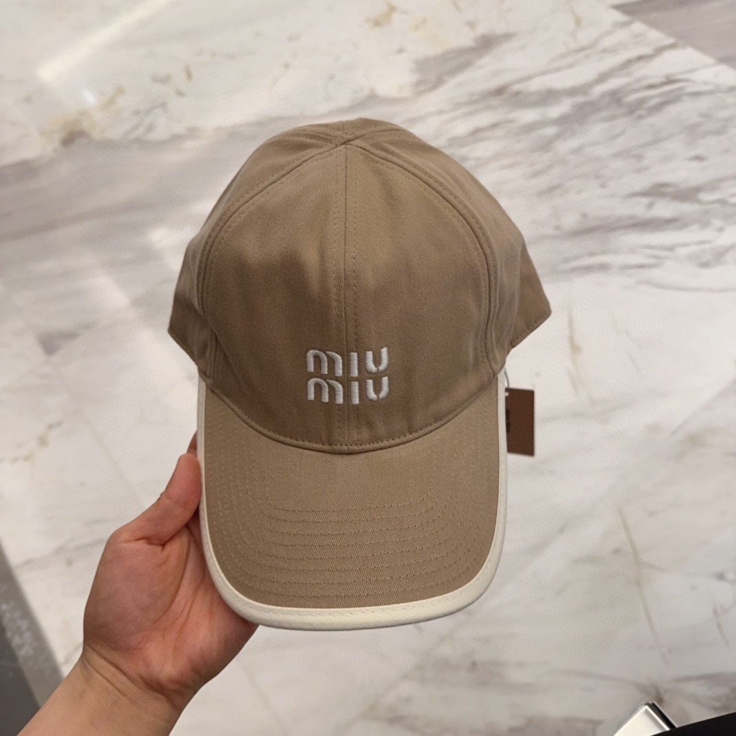 Miu Miu Beige Cotton Cap - Embroidered Logo, White Trim