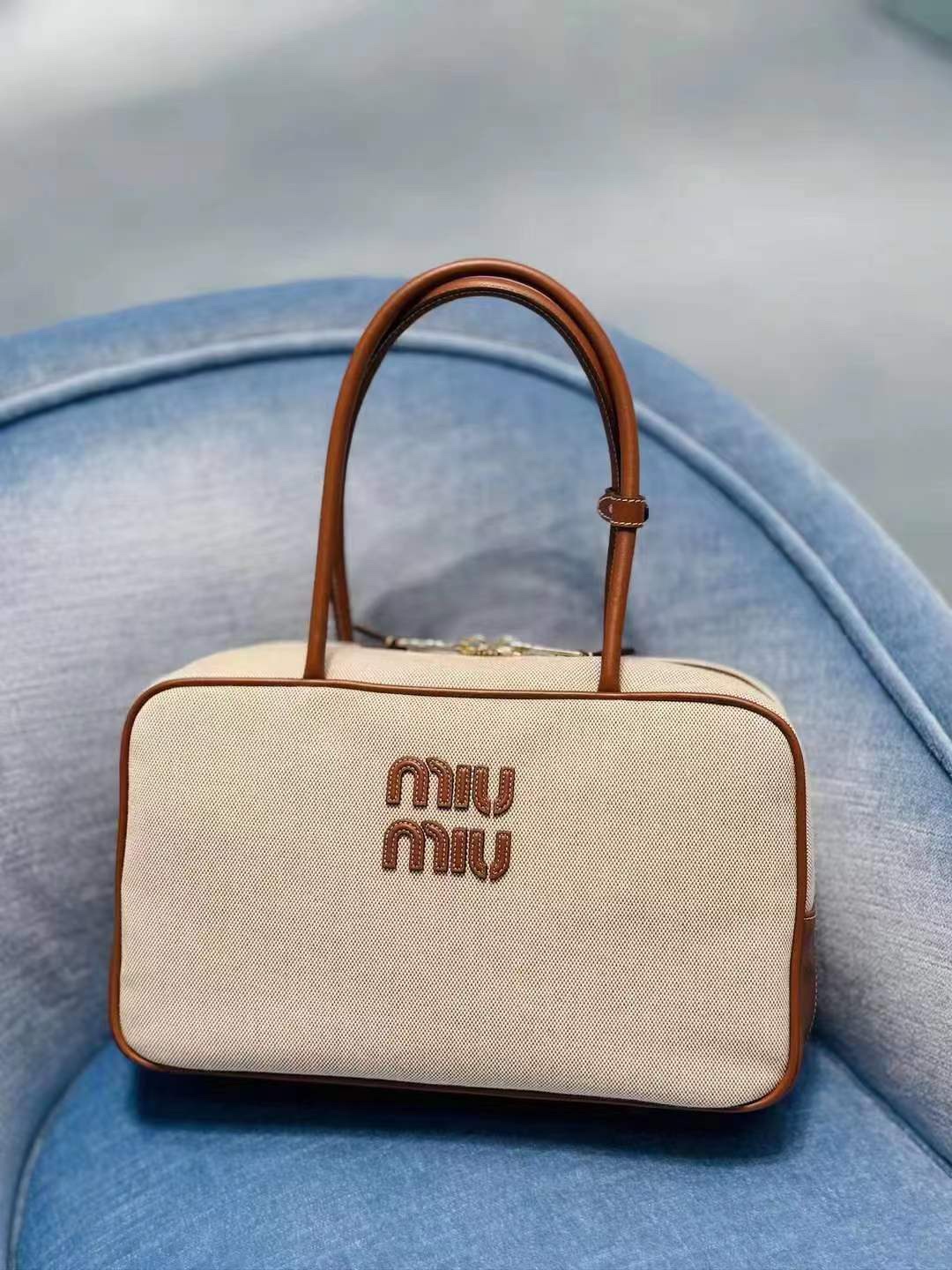 Miu Miu Beige/brandy Beau Canvas And Leather Bag | Miu Miu