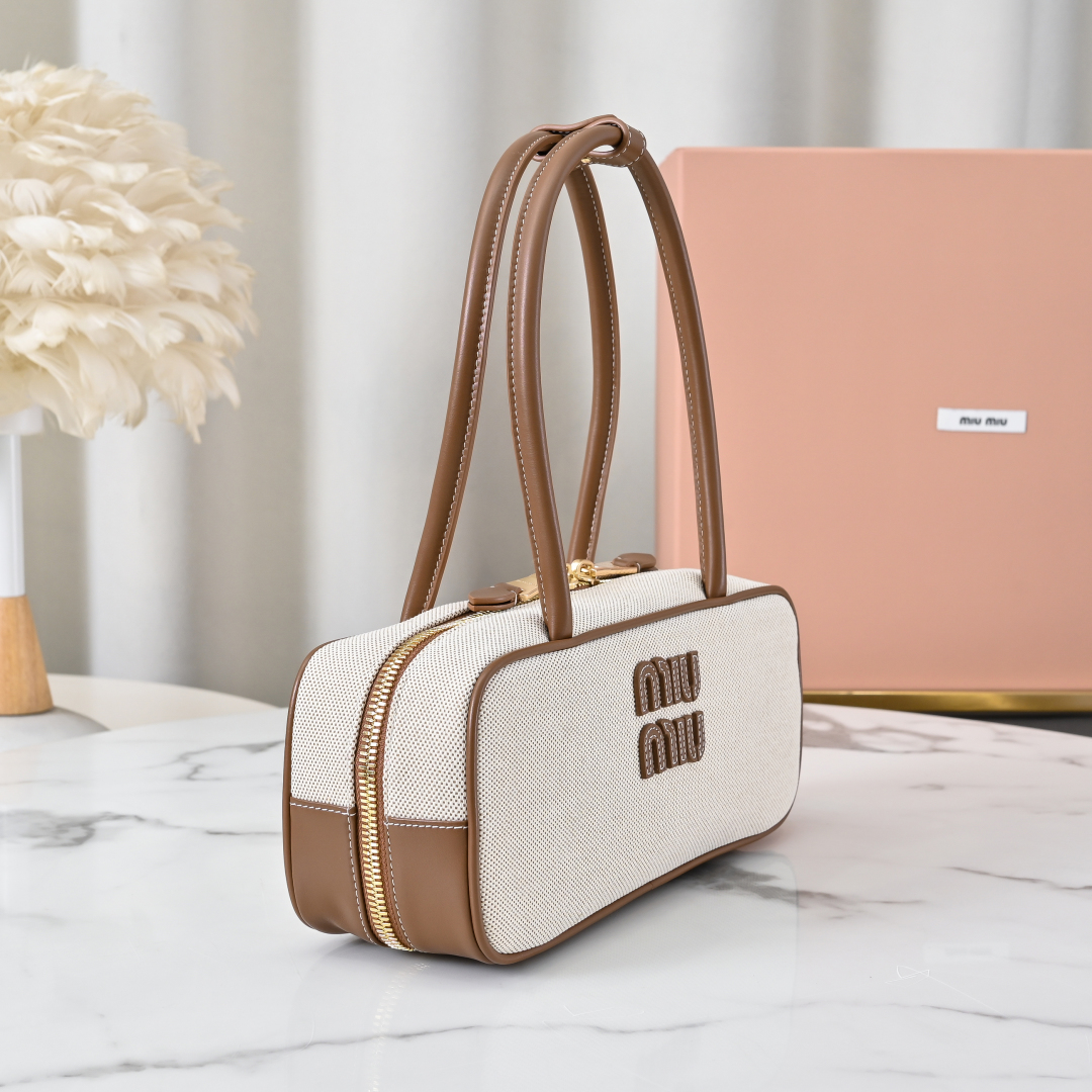 Miu Miu Beige/brandy Beau Canvas And Leather Bag | Miu Miu