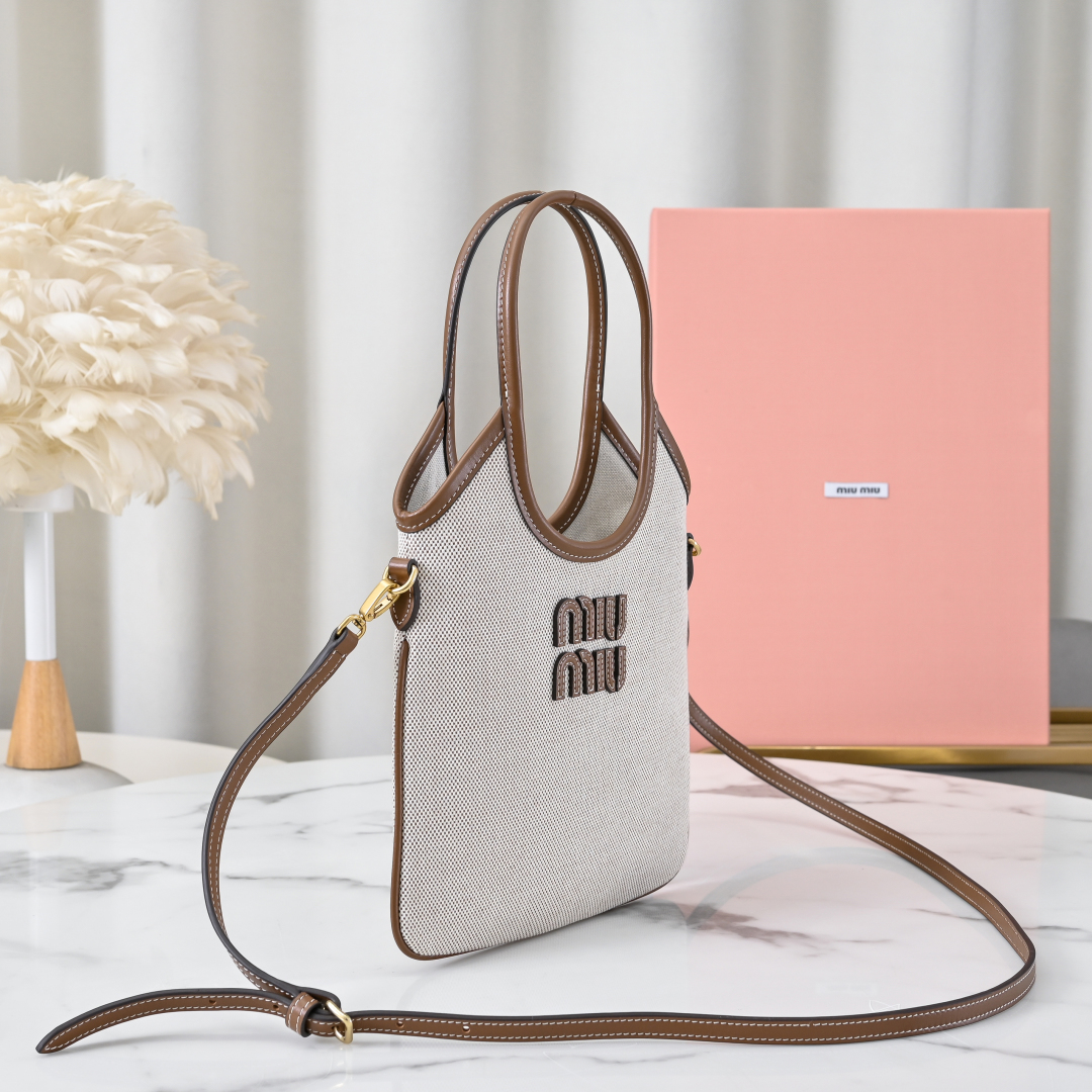 Miu Miu Beige/brandy Ivy Canvas And Leather Bag | Miu Miu