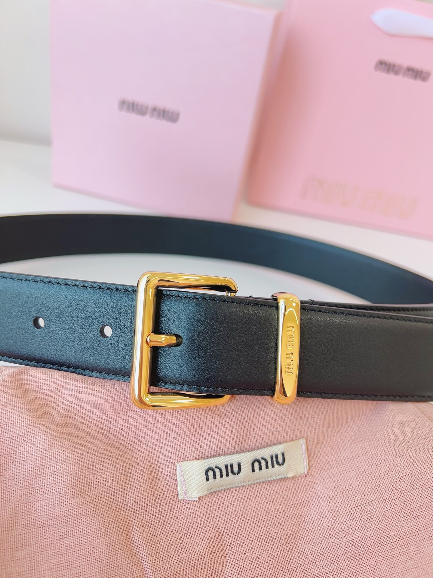 MIU MIU BELTS Calfskin and Gold Black