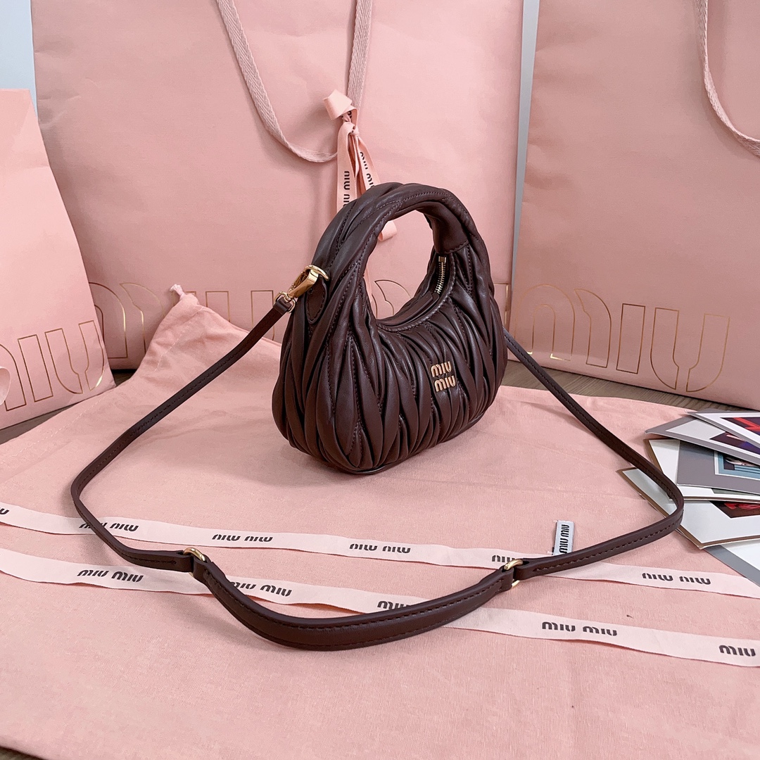 Miu Miu Black BROWN Leather Wander Matrasse Hobo Mini Bag Miu