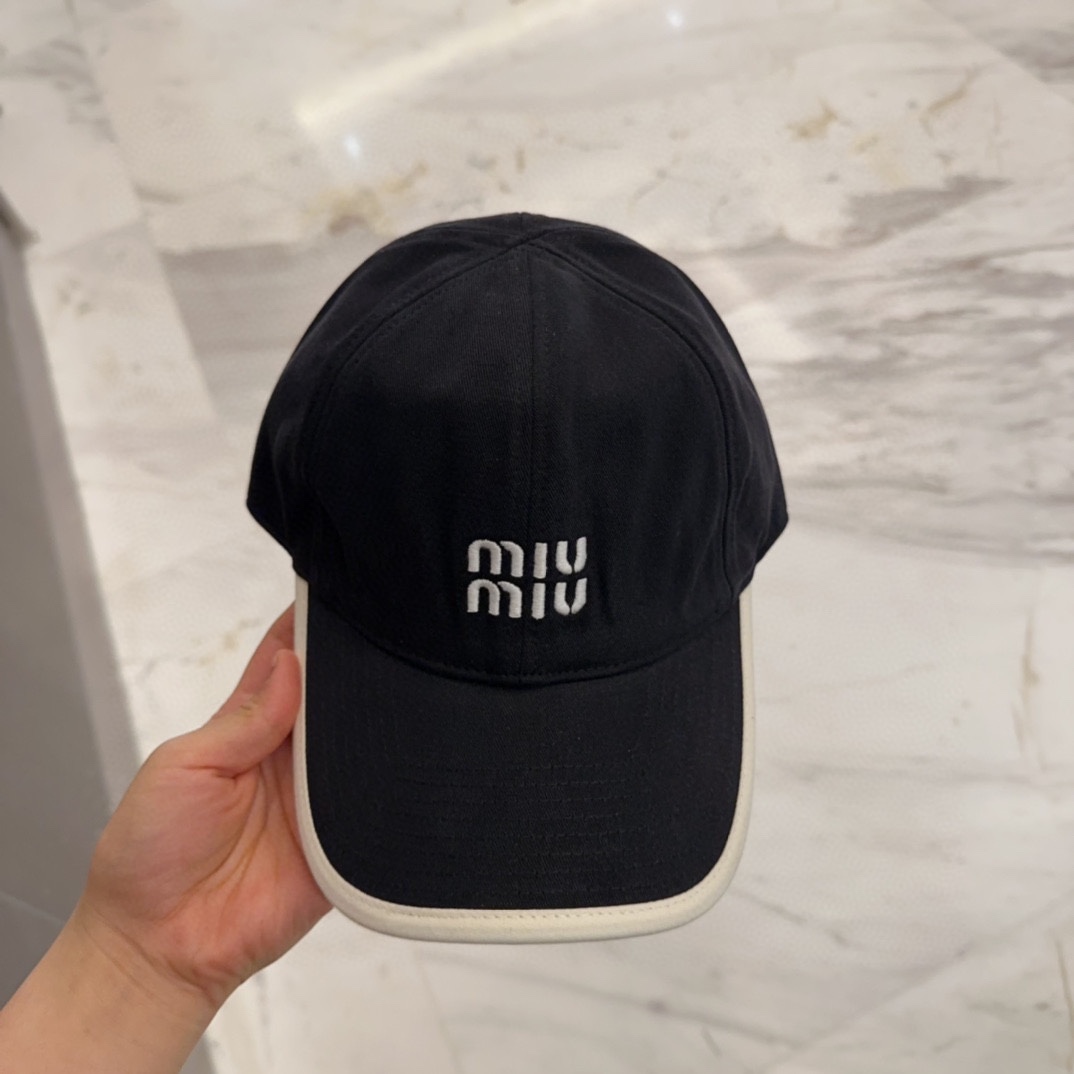 Miu Miu Black Cotton Baseball Cap - White Trim Logo