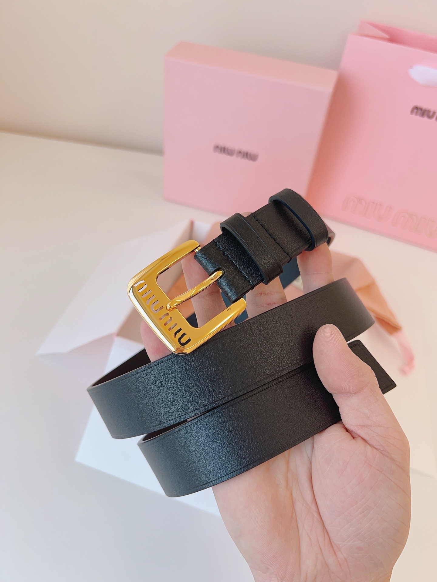 MIU MIU Black Leather Belt Gold Buckle