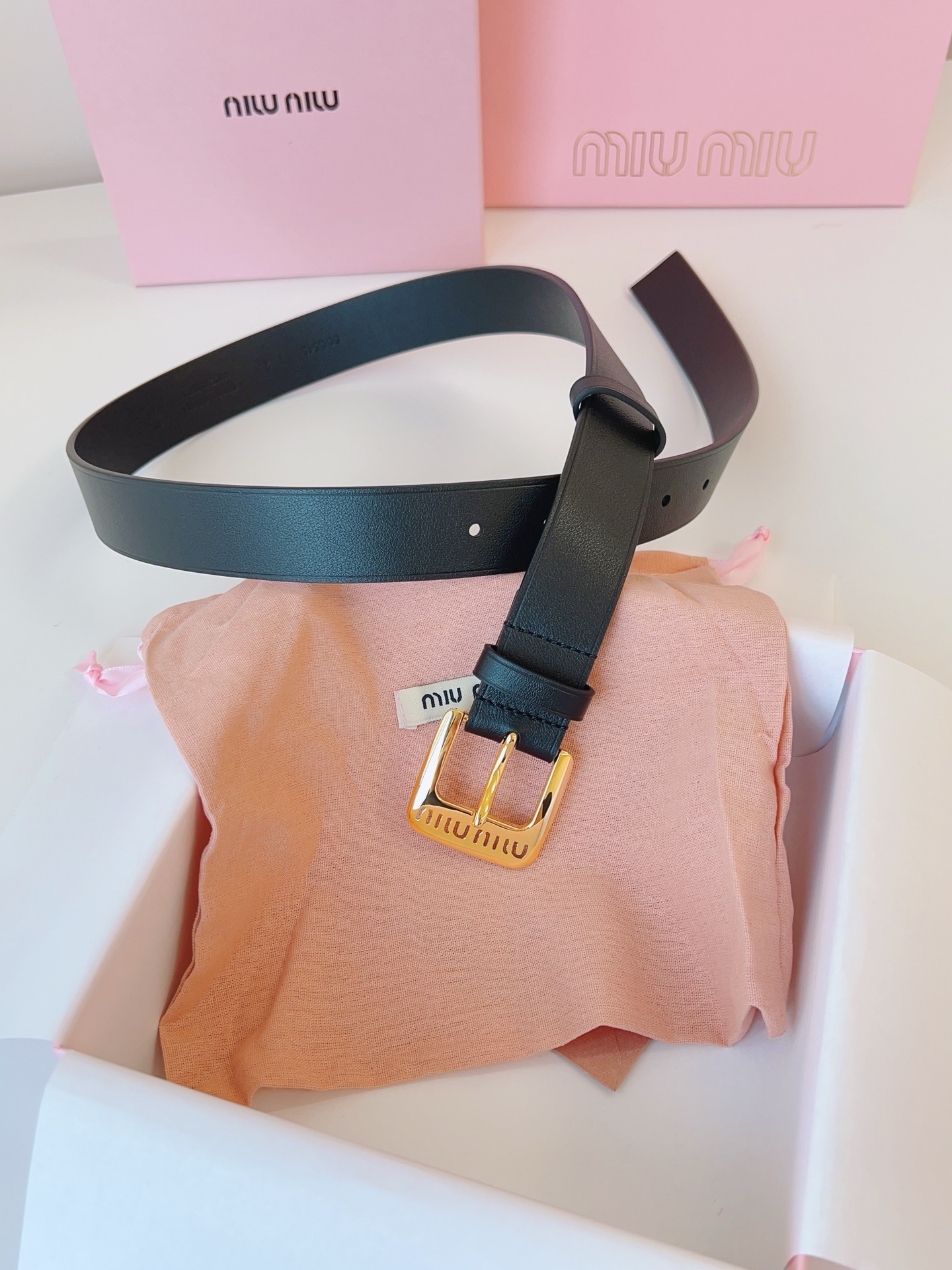 MIU MIU Black Leather Belt Gold Buckle