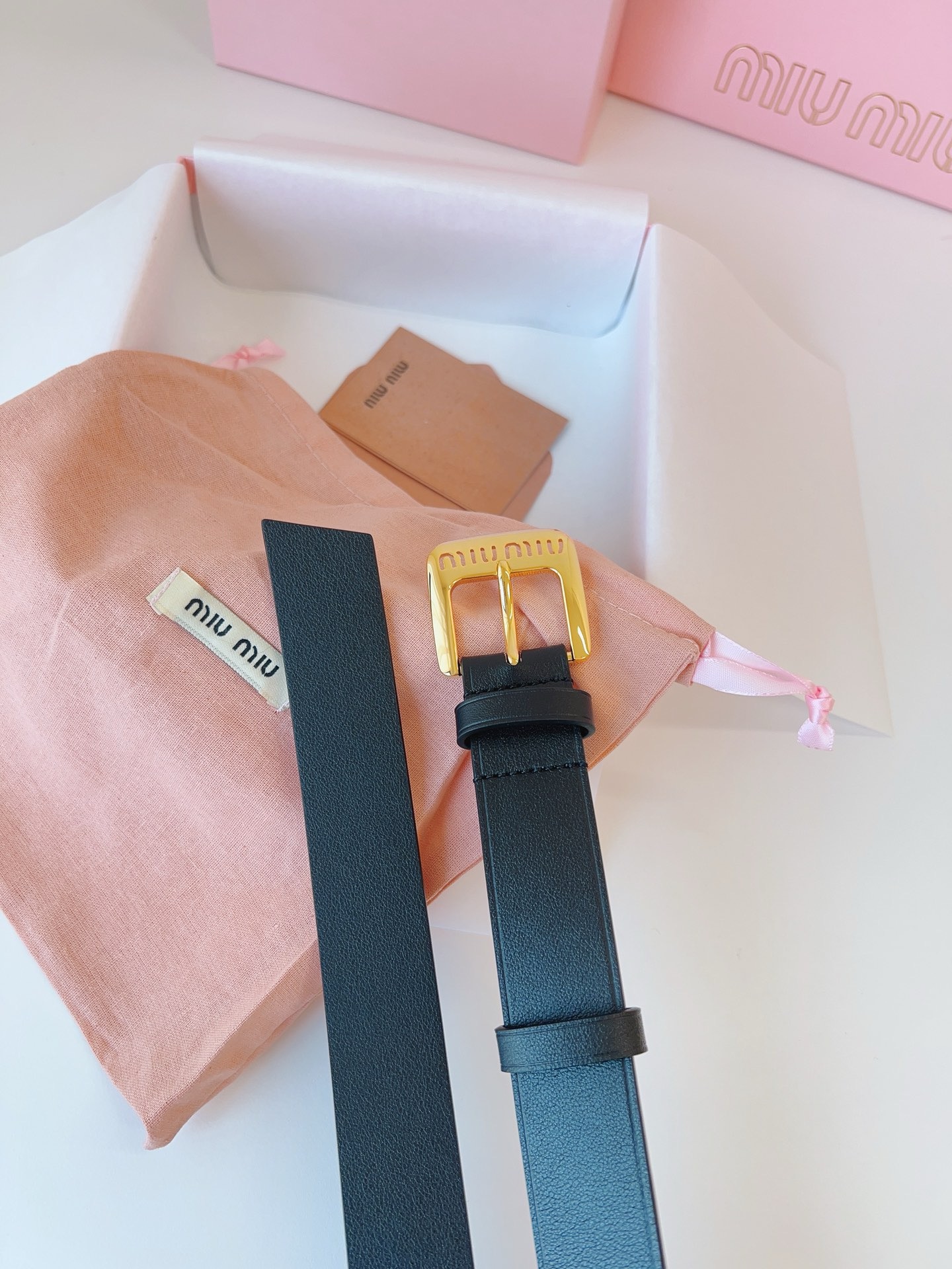 MIU MIU Black Leather Belt Gold Buckle