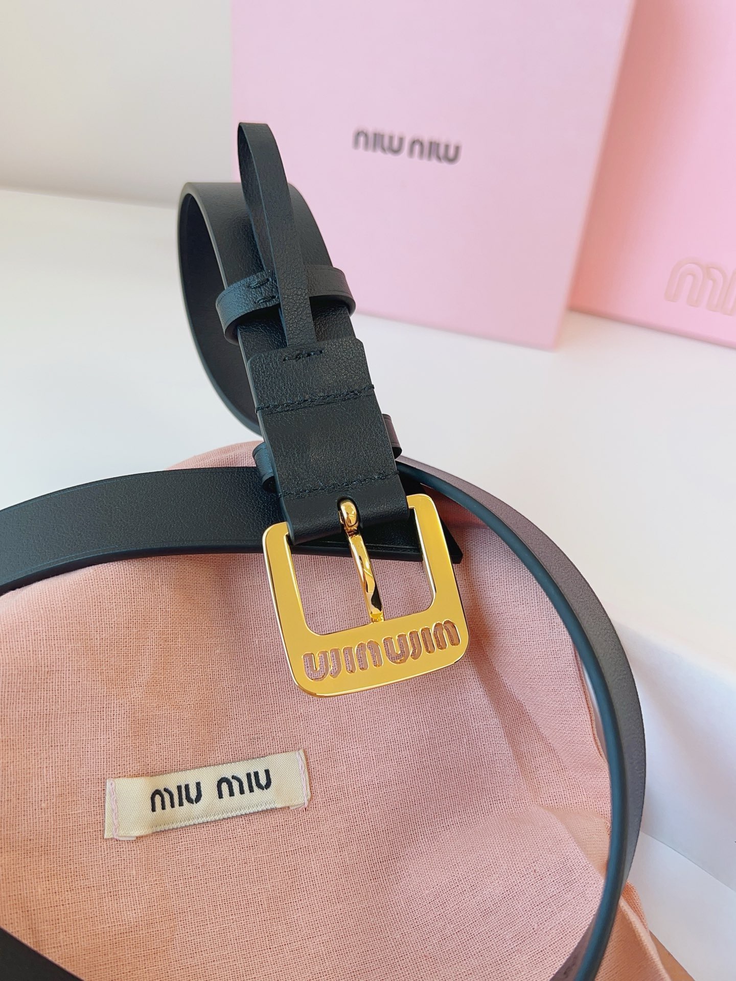 MIU MIU Black Leather Belt Gold Buckle