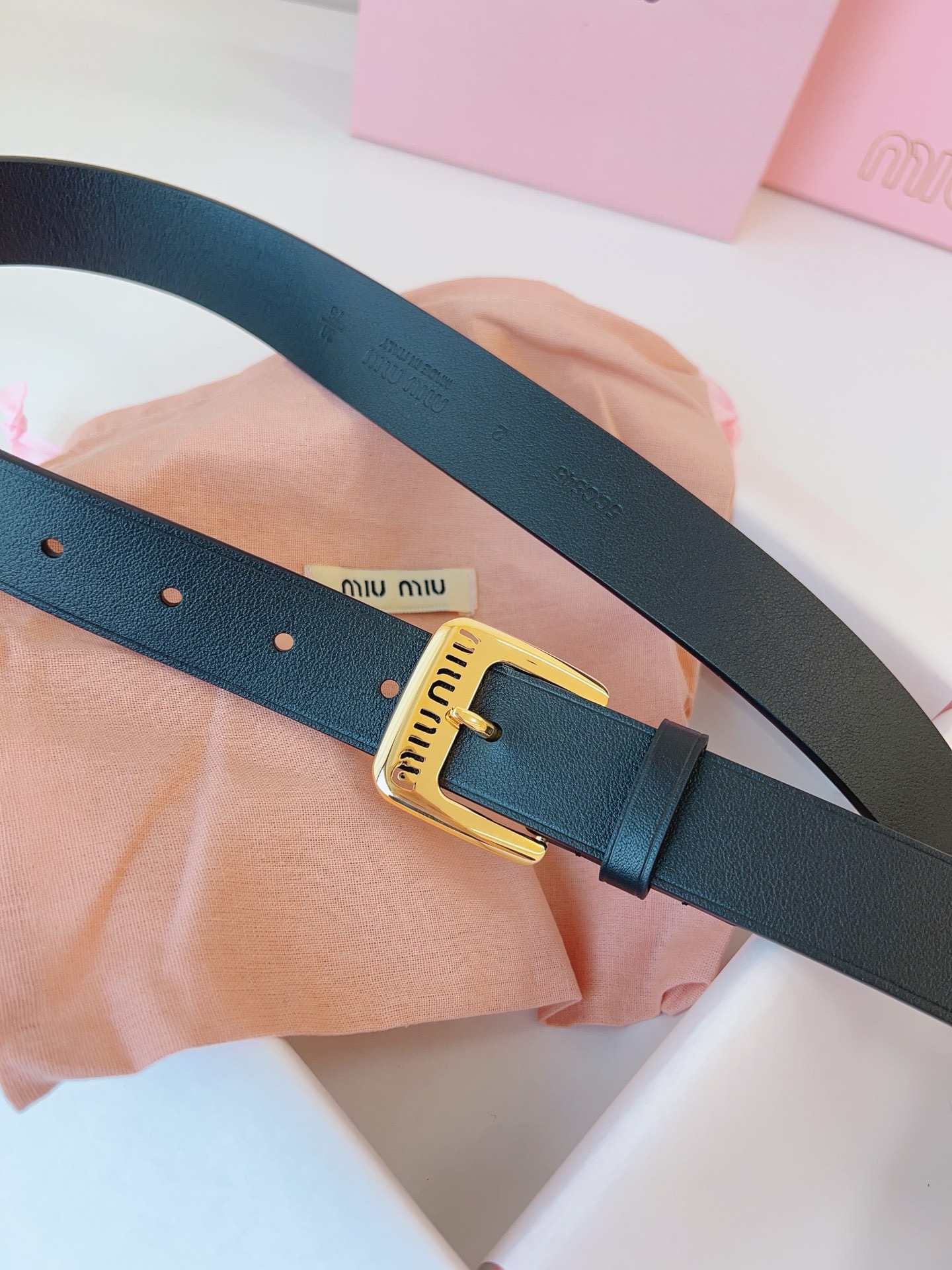 MIU MIU Black Leather Belt Gold Buckle