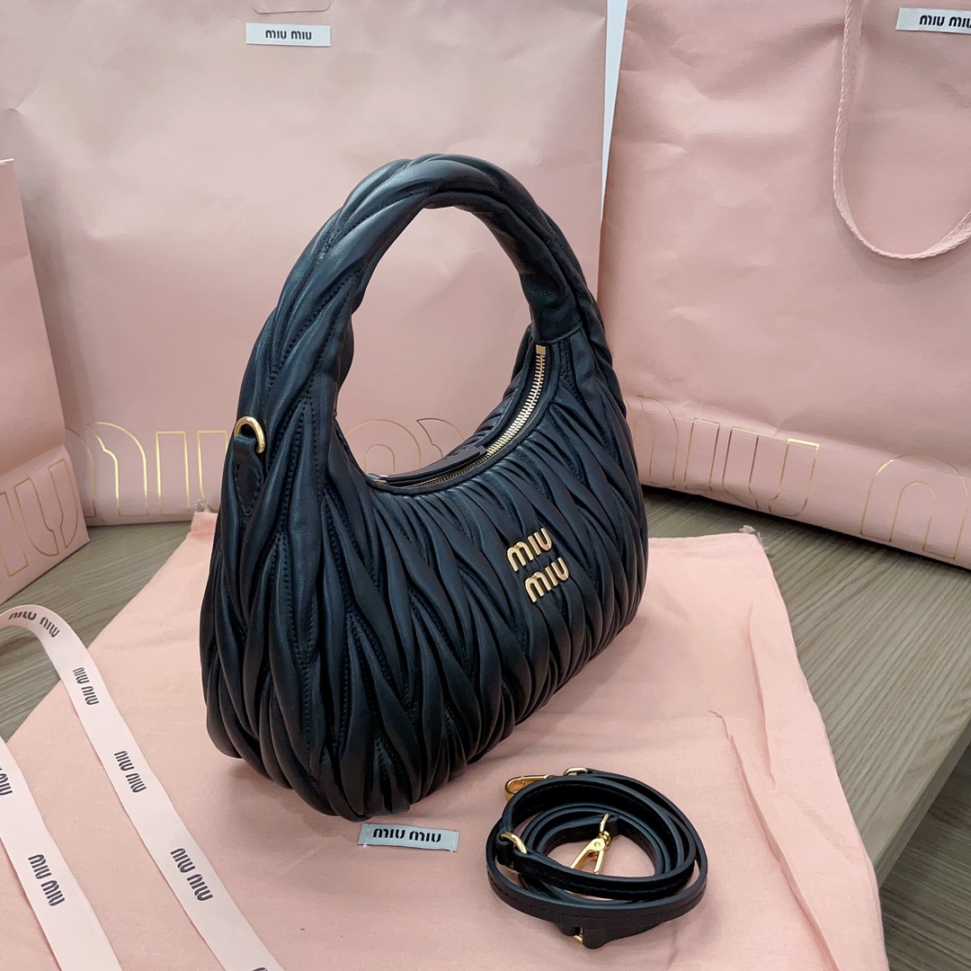 Miu Miu Black Wander Matelassé Nappa Leather Hobo Mini-bag | Miu