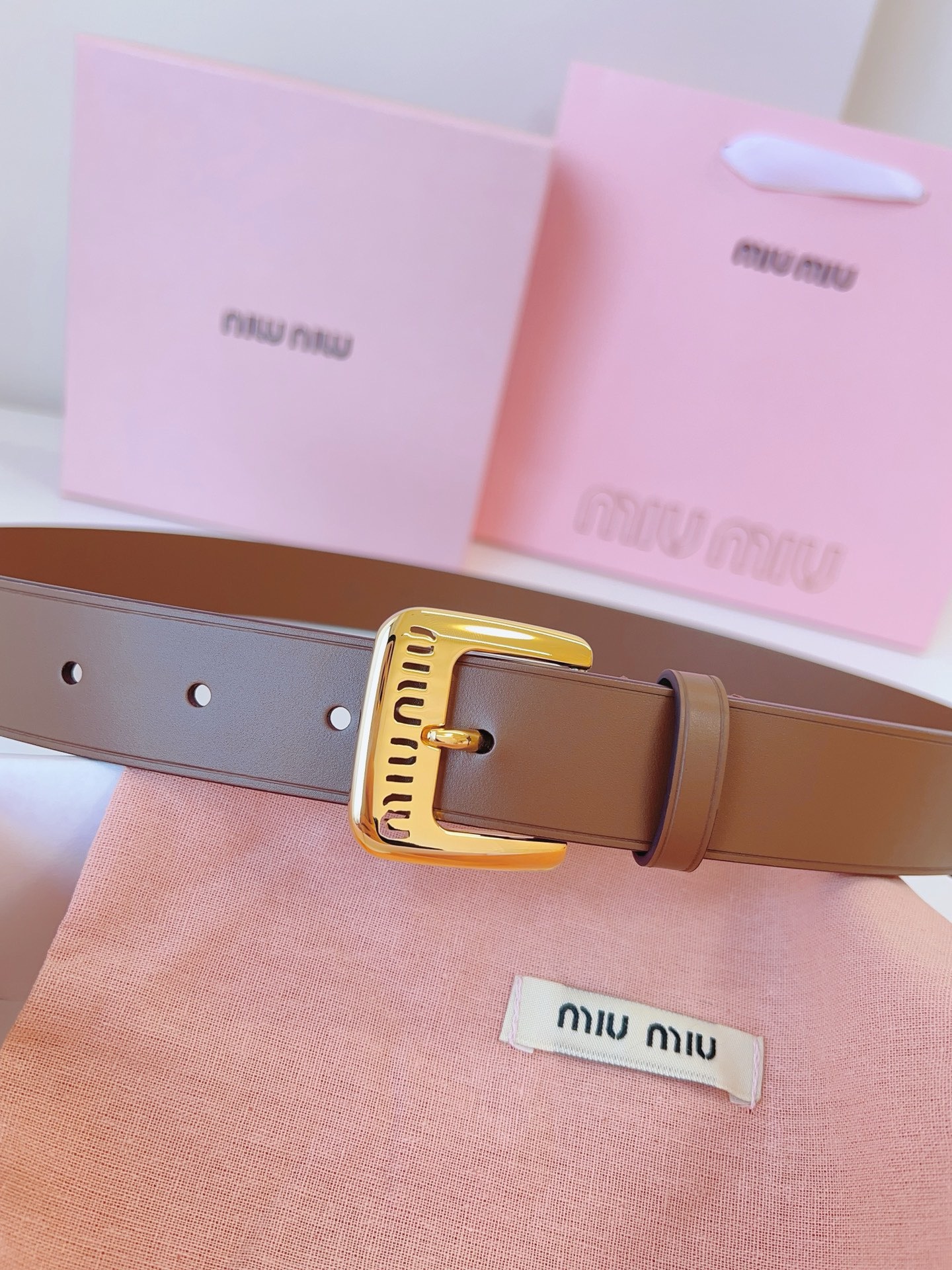 MIU MIU Brown Leather Belt Gold Buckle